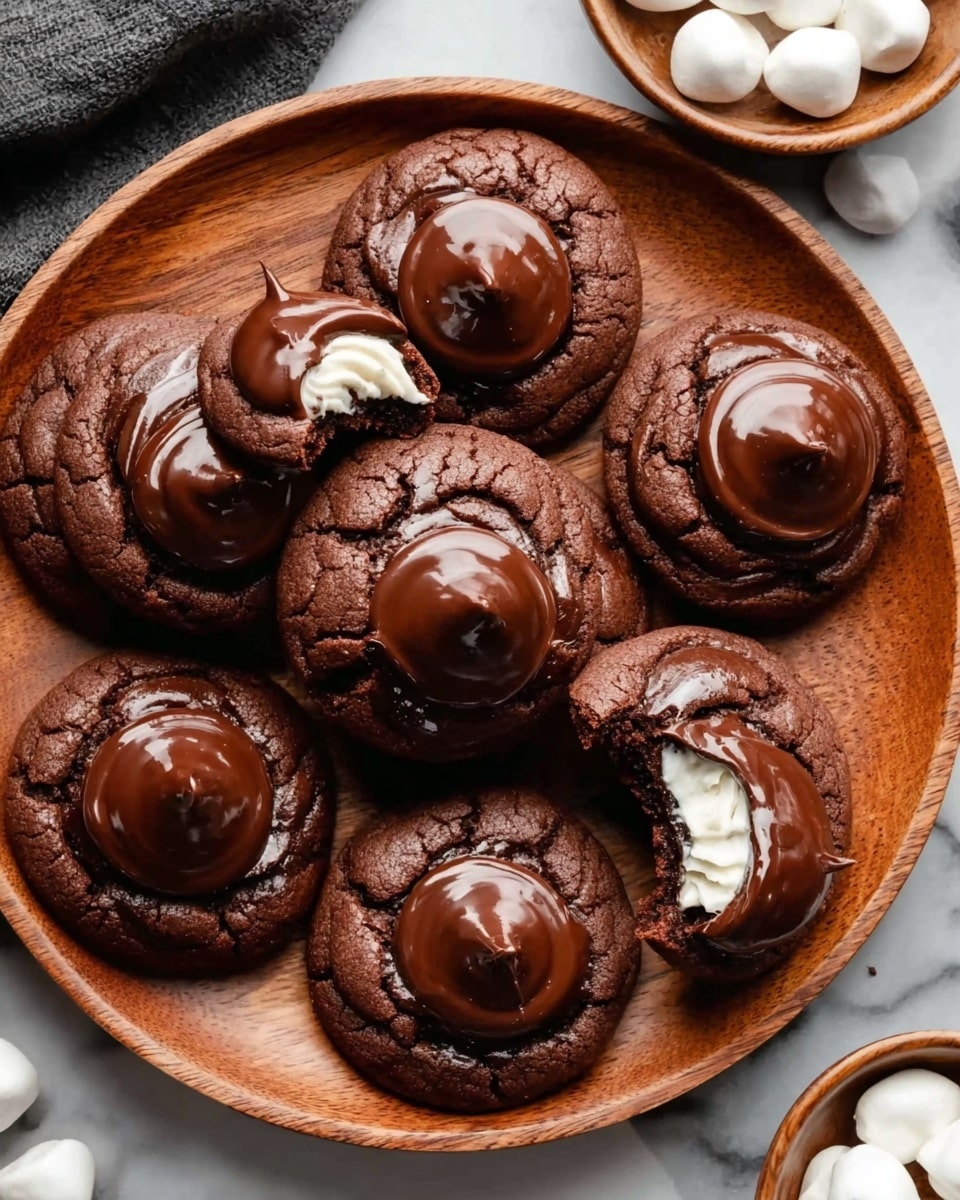 A wooden plate filled with seven round chocolate cookies topped with smooth, shiny, dark chocolate dollops on each one. The cookies have a textured, cracked surface with a soft and thick look. One cookie is bitten on the top right edge, showing a soft, creamy white filling inside surrounded by chocolate. The plate is placed on a white marbled surface with a bowl of white round candies and another small bowl nearby. Photo taken with an iphone --ar 4:5 --v 7