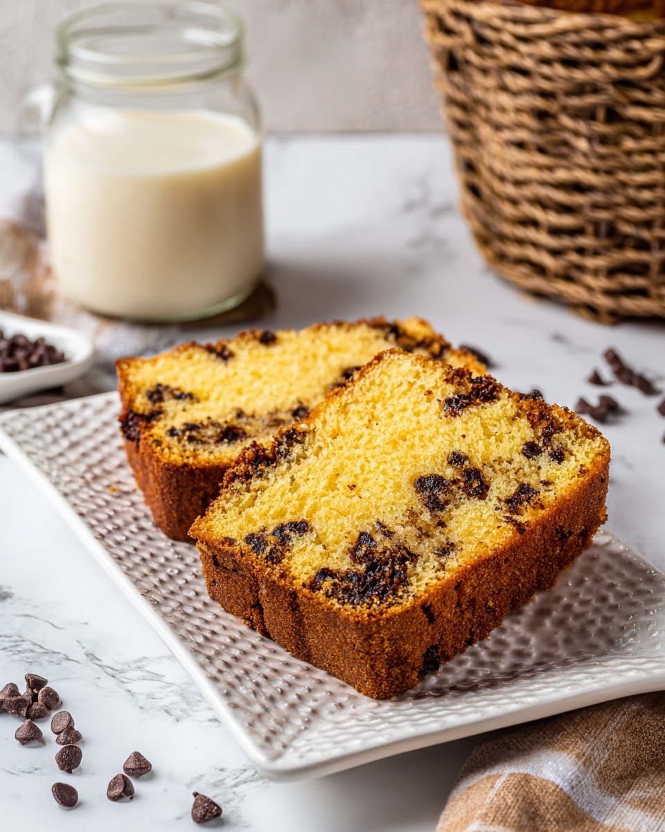 Chocolate Chip Loaf Cake Recipe 6 Two thick slices of yellow cake with dark chocolate pieces scattered inside are placed on a white rectangular textured plate. The cake slices have a rough, slightly crumbly edge with visible baked golden brown crusts, and the inside looks soft with moist texture due to the melted chocolate chips. Around the plate, small chocolate chips are scattered. In the background, there is a clear glass jar filled with light-colored milk and a woven basket on a white marbled textured surface. photo taken with an iphone --ar 4:5 --v 7