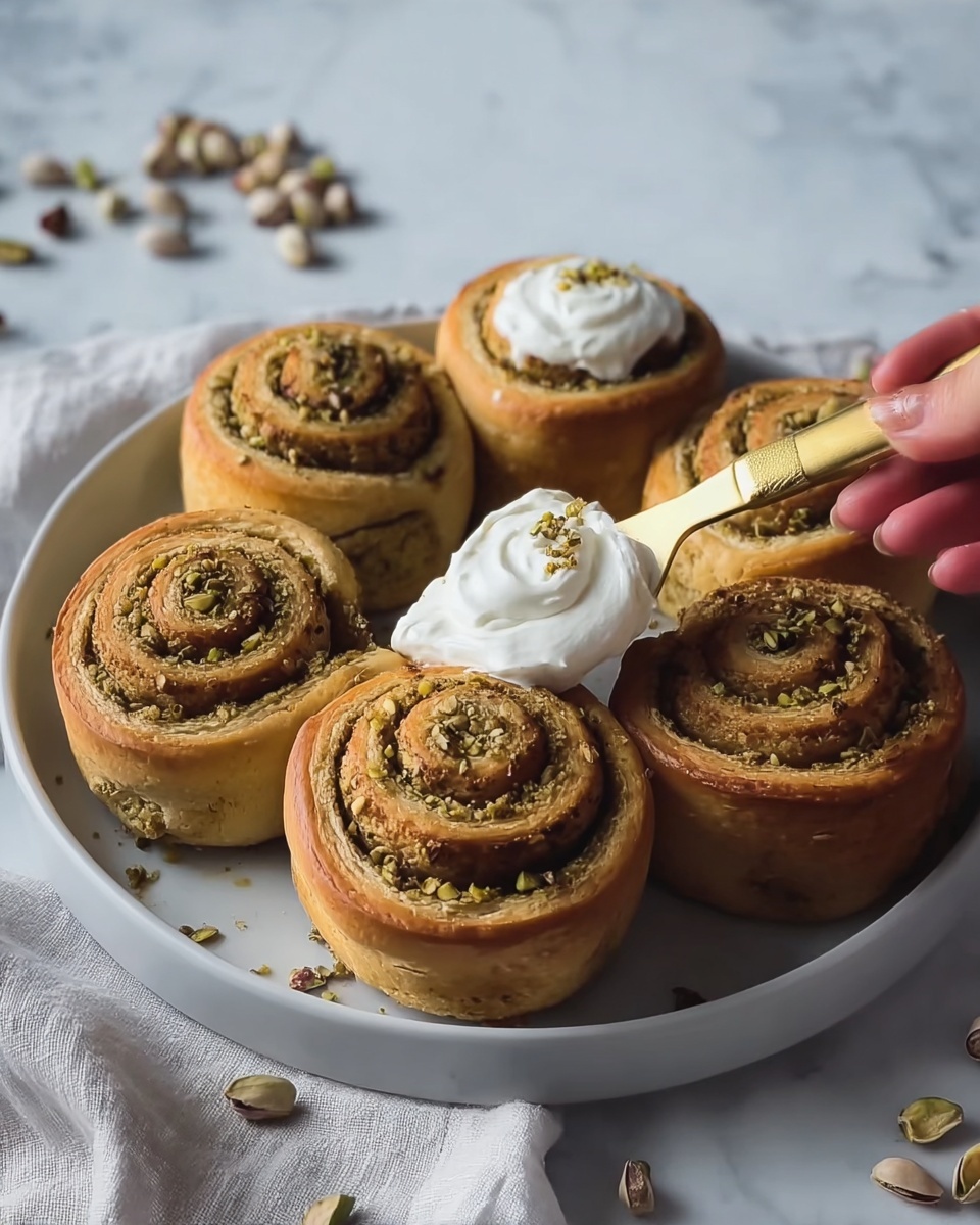The image shows five golden-brown swirl rolls on a round white plate. Each roll has a visible spiral pattern with a greenish nutty filling that looks crumbly and textured. On top of one roll, a woman's hand is spreading a smooth layer of white cream with a golden spatula. The plate is placed on a white marbled surface with scattered small nuts around it. The lighting is soft, highlighting the warm colors and textures of the rolls and the cream. photo taken with an iphone --ar 4:5 --v 7
