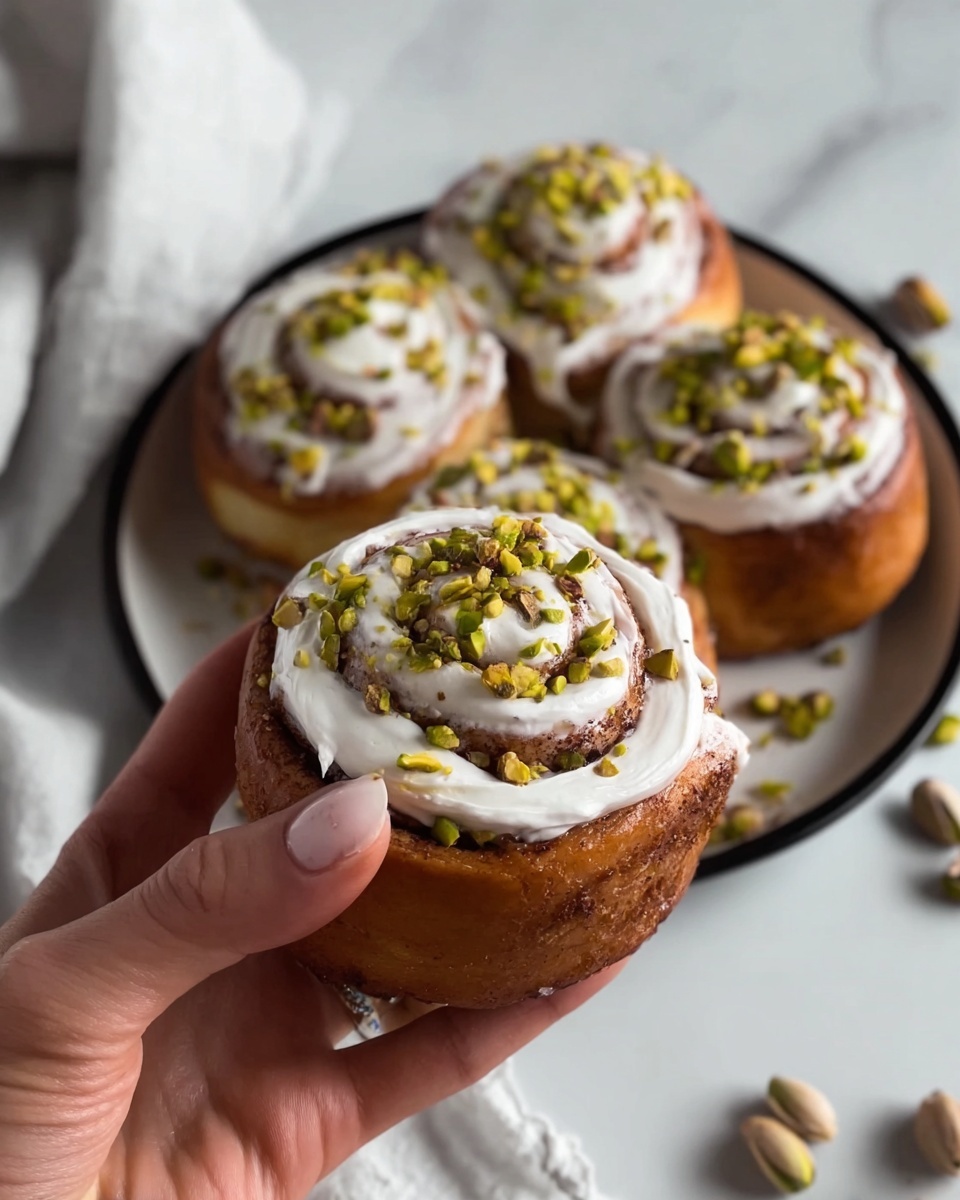 The image shows a close-up of soft cinnamon rolls topped with a thick white cream frosting that is spread in swirls following the shape of the rolls. Each roll has three visible layers of dough and cinnamon filling spiraled tightly. On top of the frosting, there are small pieces of bright green chopped pistachios scattered unevenly across each roll. A woman's hand is holding one roll in the foreground, showing the detailed texture of the dough and frosting. The rolls are placed on a white plate with a black rim, all set on a white marbled surface with a few pistachios scattered in the background. Photo taken with an iphone --ar 4:5 --v 7