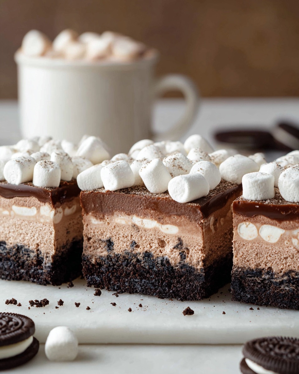 The image shows three square pieces of a layered chocolate dessert placed side by side on a white marbled surface. Each piece has four visible layers: the bottom layer is dark brown with a crumbly texture resembling a cookie crust, the second layer is a light brown mousse with a porous texture. The third layer is a thick, smooth, dark chocolate ganache with a few white marshmallows embedded inside. The top layer is a light tan creamy frosting, generously topped with many small, white mini marshmallows. In the background, slightly blurred, there is a white mug filled with hot chocolate and topped with mini marshmallows. A few whole chocolate sandwich cookies are scattered around on the white marbled surface. Photo taken with an iphone --ar 4:5 --v 7