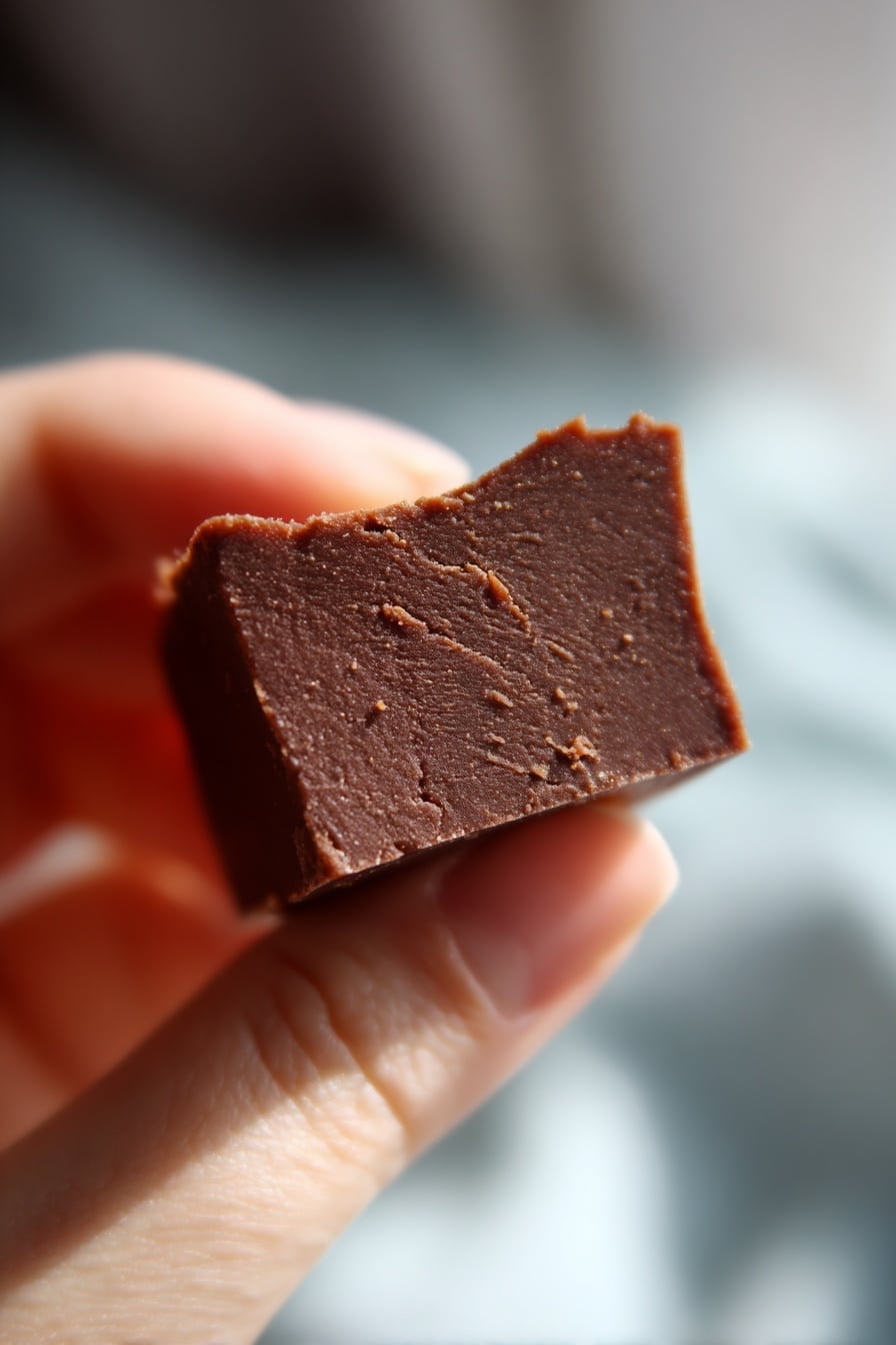 Three square pieces of smooth, dark brown fudge are stacked on top of each other. Each piece has a slightly rough bottom edge and a firm, dense texture with small cracks and uneven spots on the sides. The fudge sits on a white parchment paper over a white marbled surface, with a soft, blurred warm background. The lighting highlights the rich chocolate color and texture of the fudge. photo taken with an iphone --ar 2:3 --v 7 - Mocha Fudge, Mocha Fudge Recipe, Chocolate Coffee Fudge, Coffee-infused Fudge, Easy Mocha Fudge