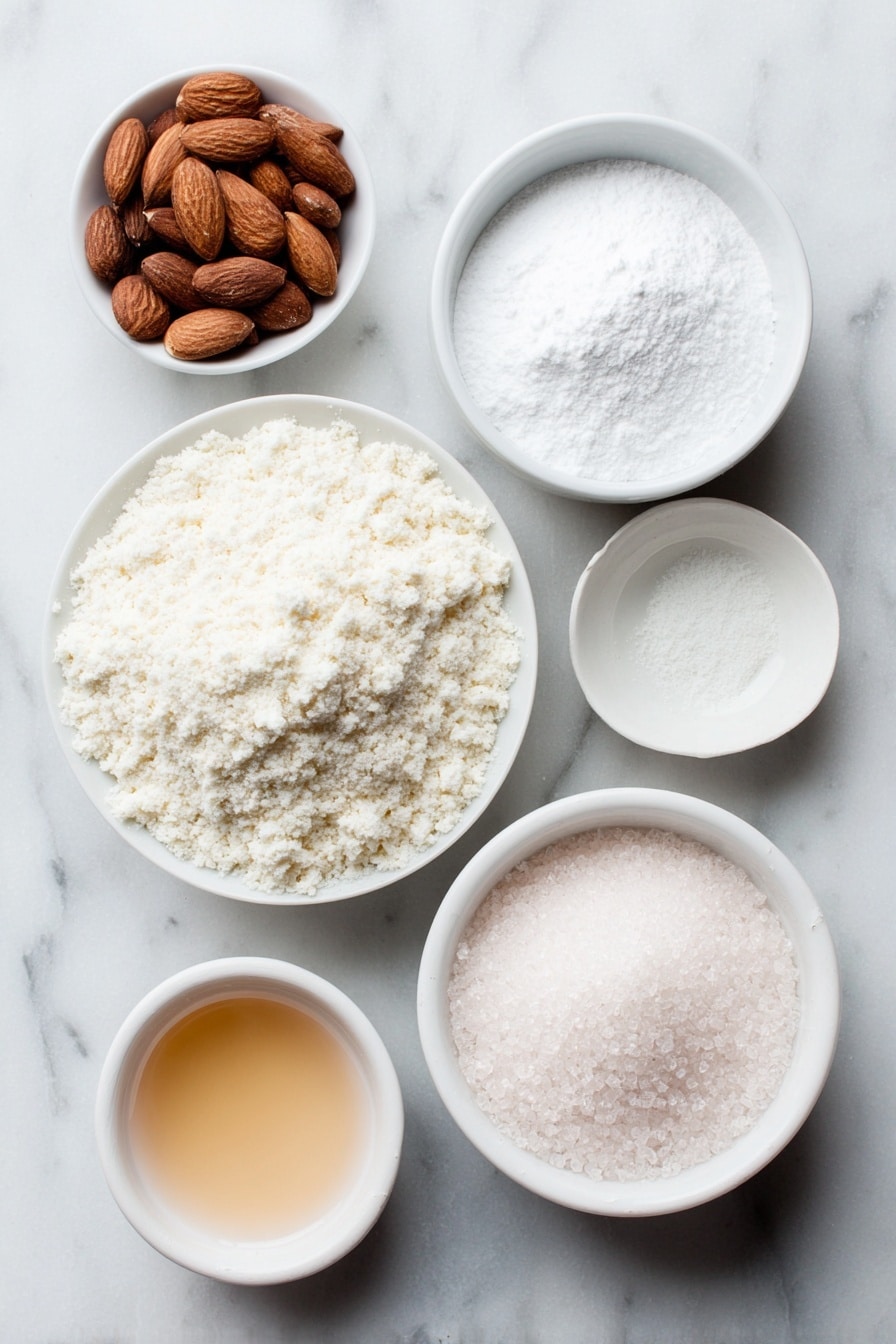 Flat lay of a small mound of finely ground blanched almond flour, a small white ceramic bowl filled with powdered sugar, a few whole blanched almonds scattered beside it, a small white ceramic bowl with clear water, a small white ceramic bowl with a pale golden liquid sweetener, a few drops of almond extract in a tiny white bowl, a few drops of delicate rose water in another tiny white bowl, all arranged with perfect symmetry and balanced proportions, placed on a clean white marble surface, soft natural light, photo taken with an iPhone, professional food photography style, fresh ingredients, white ceramic bowls, no bottles, no duplicates, no utensils, no packaging --ar 2:3 --v 7 --p m7354615311229779997 - Homemade Marzipan, marzipan recipe, easy marzipan, nutty candy making, cake decorating marzipan