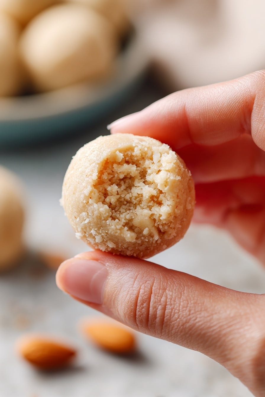The image shows a log of pale yellow marzipan dough on a white marbled surface, with two thick round slices cut and placed in front of the log. The texture of the slices is slightly grainy and soft. Around the log and slices, whole peeled almonds are scattered. A knife with a brown handle is visible on the left side, resting on the surface. photo taken with an iphone --ar 2:3 --v 7 - Homemade Marzipan, marzipan recipe, easy marzipan, nutty candy making, cake decorating marzipan