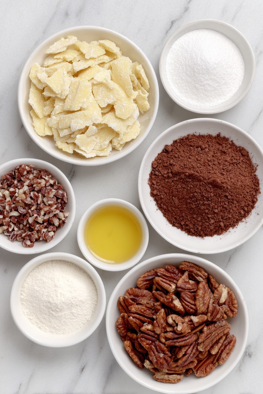 Flat lay of crushed vanilla wafer cookies in a small white ceramic bowl, a small white bowl of confectioners' sugar, a small white bowl of unsweetened cocoa powder, finely chopped pecans spread neatly on the surface, a small white bowl with light corn syrup, a small white bowl containing spiced rum, and a small white bowl with pure vanilla extract placed symmetrically, all fresh and natural, placed on a clean white marble surface, soft natural light, photo taken with an iPhone, professional food photography style, fresh ingredients, white ceramic bowls, no bottles, no duplicates, no utensils, no packaging --ar 2:3 --v 7 --p m7354615311229779997 - Chocolate Rum Balls, boozy chocolate treats, no-bake holiday desserts, easy chocolate rum balls, chocolate rum balls recipe