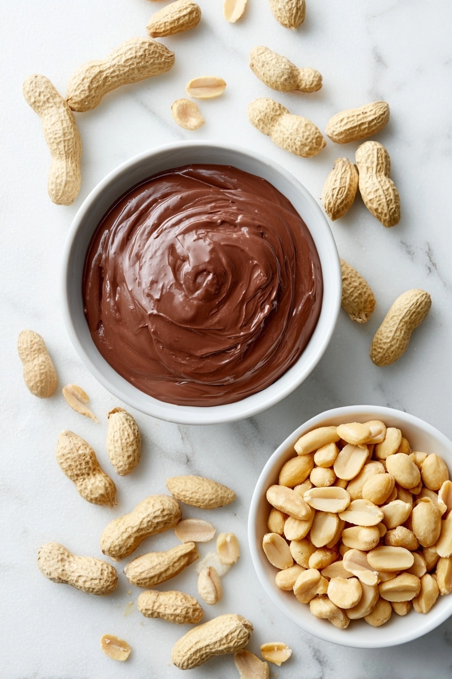 Flat lay of a large white ceramic bowl filled with smooth, glossy melted milk chocolate, a small white bowl overflowing with whole salted peanuts, and a few salted peanuts scattered loosely around the bowls, placed on a clean white marble surface, soft natural light, photo taken with an iPhone, professional food photography style, fresh ingredients, white ceramic bowls, no bottles, no duplicates, no utensils, no packaging --ar 2:3 --v 7 --p m7354615311229779997 - Easy Chocolate Peanut Clusters, quick chocolate peanut snacks, salty sweet peanut treats, homemade chocolate peanut candies, simple peanut cluster recipe