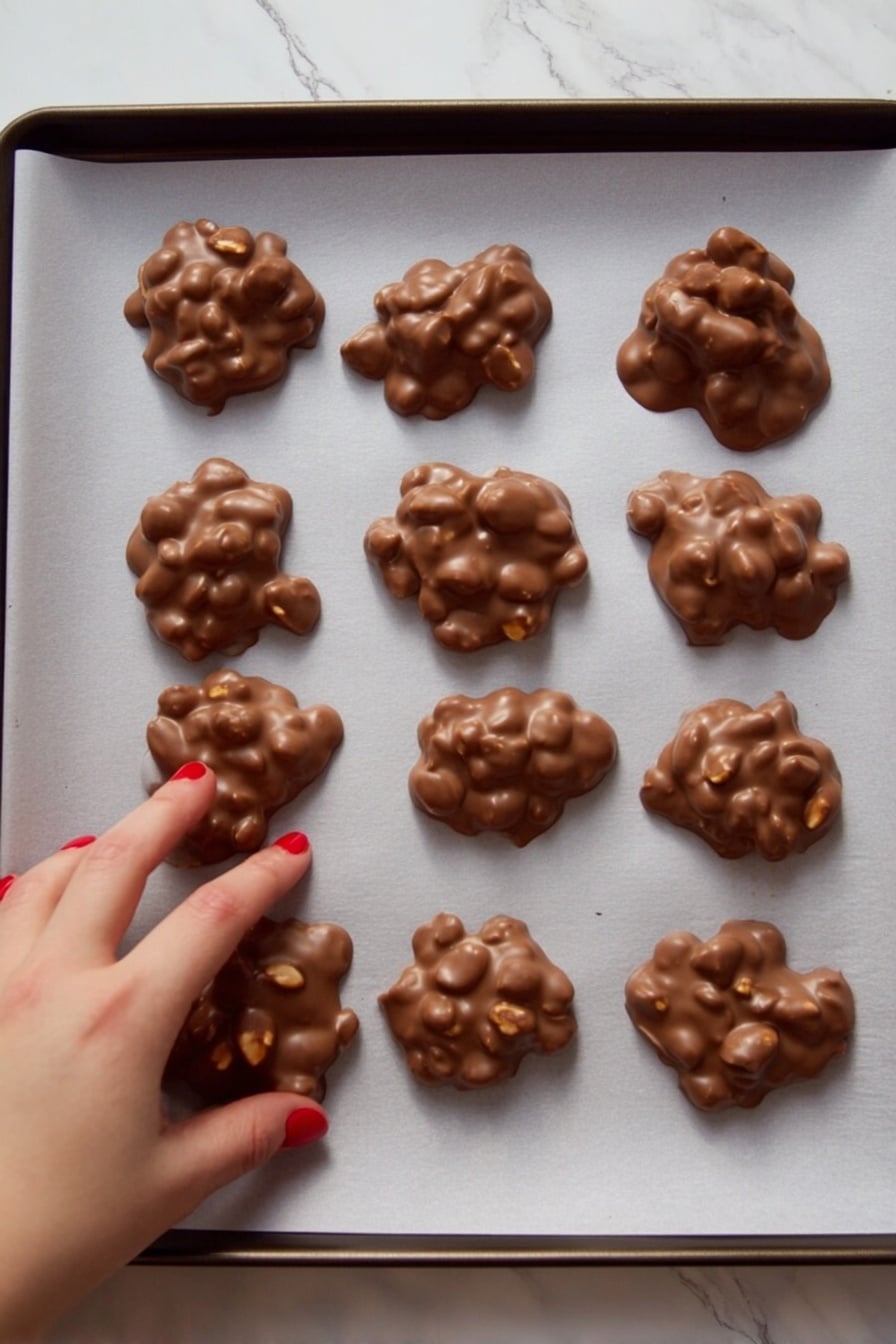 The image shows a baking sheet covered with white parchment paper. On the paper, there are twelve small clusters of milk chocolate mixed with whole peanuts, all evenly spaced in four rows of three. The chocolate has a smooth and slightly shiny surface, with the peanuts rising a bit creating a lumpy texture on each cluster. Part of a woman's hand with red nail polish is seen touching one of the chocolate peanut clusters at the bottom left corner. The background underneath the baking sheet is a white marbled surface. photo taken with an iphone --ar 2:3 --v 7 - Easy Chocolate Peanut Clusters, quick chocolate peanut snacks, salty sweet peanut treats, homemade chocolate peanut candies, simple peanut cluster recipe