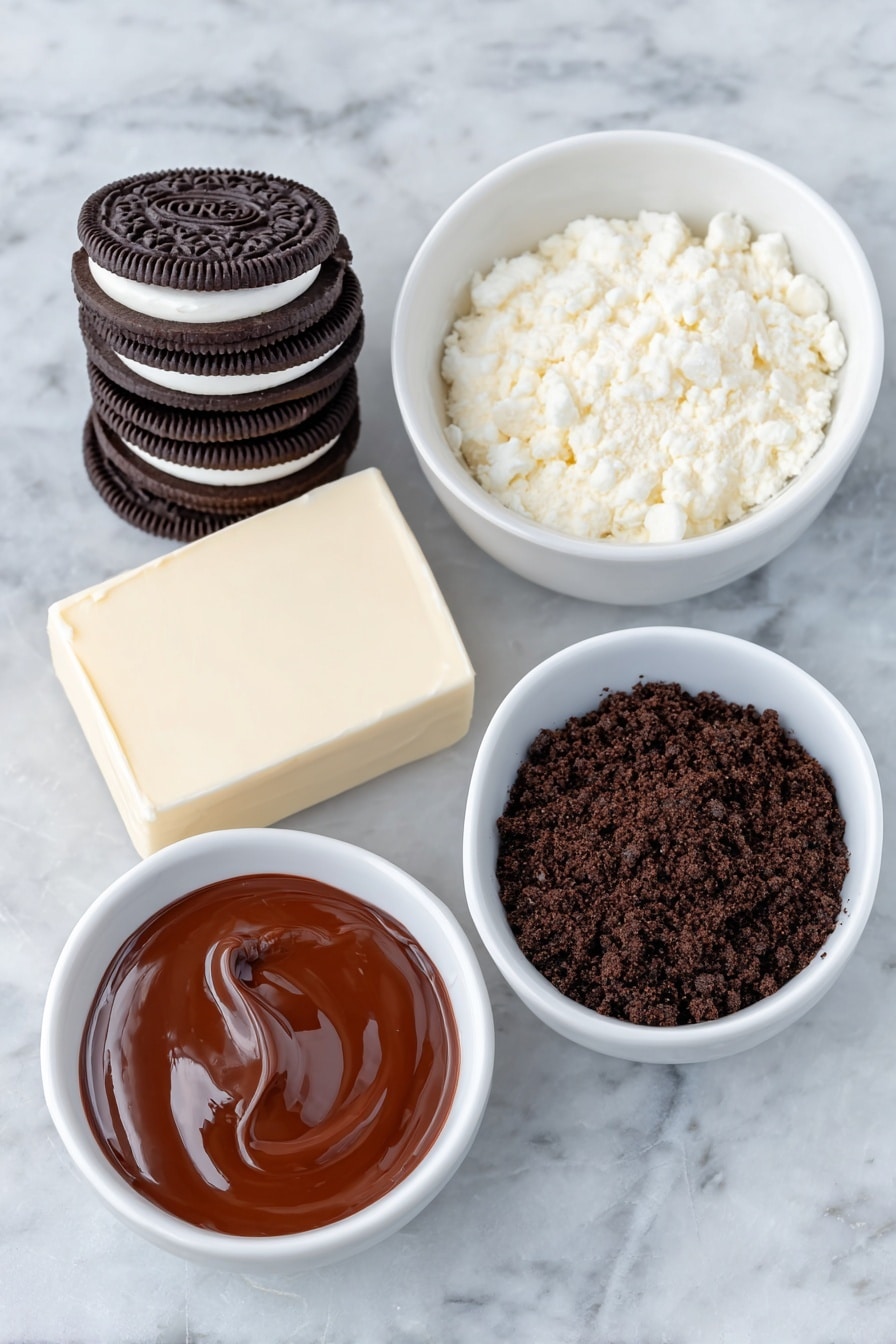 Flat lay of a stack of original Oreo cookies with dark chocolate cream filling visible, a small block of creamy white cream cheese, a small white bowl filled with finely crushed Oreo crumbs, and a small white bowl holding smooth melted dark chocolate, all arranged symmetrically on a clean white marble surface, soft natural light, photo taken with an iPhone, professional food photography style, fresh ingredients, white ceramic bowls, no bottles, no duplicates, no utensils, no packaging --ar 2:3 --v 7 --p m7354615311229779997 - Oreo Truffles, No-Bake Dessert Recipes, Easy Oreo Candy, Chocolate Covered Oreo Bites, Quick Holiday Treats