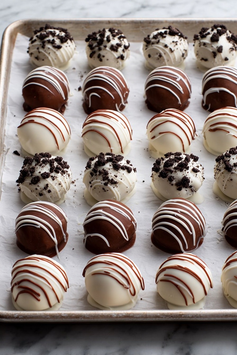 The image shows a white baking tray lined with white parchment paper, filled with rows of round truffles organized in a neat grid. There are five vertical columns and five horizontal rows of truffles with three different styles arranged in alternating columns. The first and third columns feature smooth white truffles with thin brown drizzles forming curved lines on top. The second and fifth columns have shiny white truffles topped with dark brown cookie crumbs, which create a rough texture on their surface. The fourth column holds milk chocolate truffles decorated with white zigzag lines, and the sixth column holds milk chocolate truffles topped with dark brown cookie crumbs. The tray rests on a white marbled surface photo taken with an iphone --ar 2:3 --v 7 - Oreo Truffles, No-Bake Dessert Recipes, Easy Oreo Candy, Chocolate Covered Oreo Bites, Quick Holiday Treats