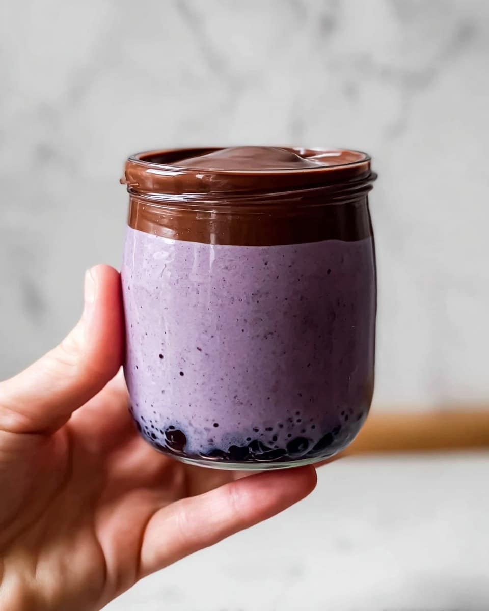 A clear glass jar filled with three layers is shown: the bottom layer has dark purple chunks, the middle layer is thick and light purple with small dark specks mixed in, taking up most of the jar, and on top, shiny smooth brown chocolate is being poured, slightly overflowing the jar rim. The jar sits on a white marbled surface, with a blurred dark blue textured cloth in the background. photo taken with an iphone --ar 4:5 --v 7