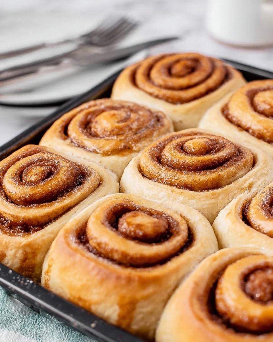 A close-up view of nine golden brown cinnamon rolls tightly placed together in a black baking tray. Each roll has a spiral shape with a slightly shiny, caramelized cinnamon sugar layer inside the swirls. The dough is soft and fluffy with a light beige color on the outer part, contrasting with the deeper brown cinnamon filling inside. The spiral texture of each roll is clearly visible, and the rolls are baked evenly showing slight browning on their edges. The scene is set on a white marbled surface with a blurred background of a fork and a knife in the corner. photo taken with an iphone --ar 4:5 --v 7