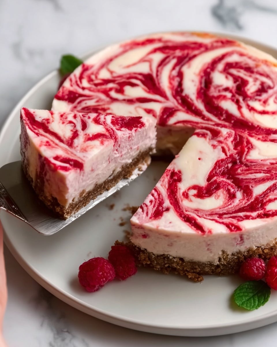The image shows a raspberry cheesecake with two visible layers on a white plate set on a white marbled surface. The bottom layer is a brown, crumbly crust, while the top layer is a pale pink, creamy cheesecake swirled with bright red raspberry sauce creating a marbled pattern. A woman’s hand is lifting a slice with a silver cake server, revealing the smooth texture of the cheesecake and the swirl design continuing onto the slice. Fresh raspberries and green leaves are placed decoratively near the plate. Photo taken with an iphone --ar 4:5 --v 7