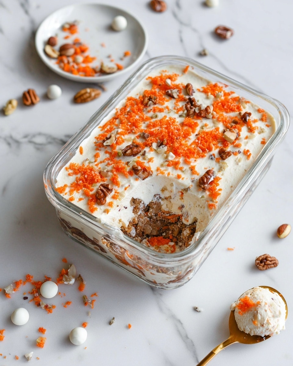 A clear rectangular glass container holds a dessert with two main layers visible: the bottom layer is chunky and brown, filled with mixed nuts and bits of shredded bright orange carrot; the top layer is smooth and creamy white, sprinkled with vibrant orange carrot shreds and small brown nut pieces scattered evenly across the surface. A small large scoop is taken out from the middle, showing the layered texture inside. Around the container, scattered nuts and small white round candies lie on a white marbled surface. A white plate with more nuts and a gold spoon holding a small portion of the dessert are partially visible. photo taken with an iphone --ar 4:5 --v 7