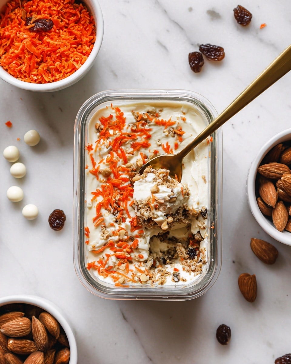 The dish is served in a clear rectangular glass dish with three visible layers. The bottom layer is a dense, beige oatmeal texture mixed with small dark bits, likely nuts or raisins. The middle layer is a smooth, white creamy topping spread evenly. The top layer has scattered small pieces of chopped brown nuts and bright orange shredded carrot sprinkled over the white cream. The dish is placed on a white marbled surface with a few white dots and some almonds around. In the background, there is a clear round glass bowl filled with small white puffed cereal, and a white plate with a piece of the same layered dish, showing the three layers again. A woman's hand holds the white plate. Photo taken with an iphone --ar 4:5 --v 7