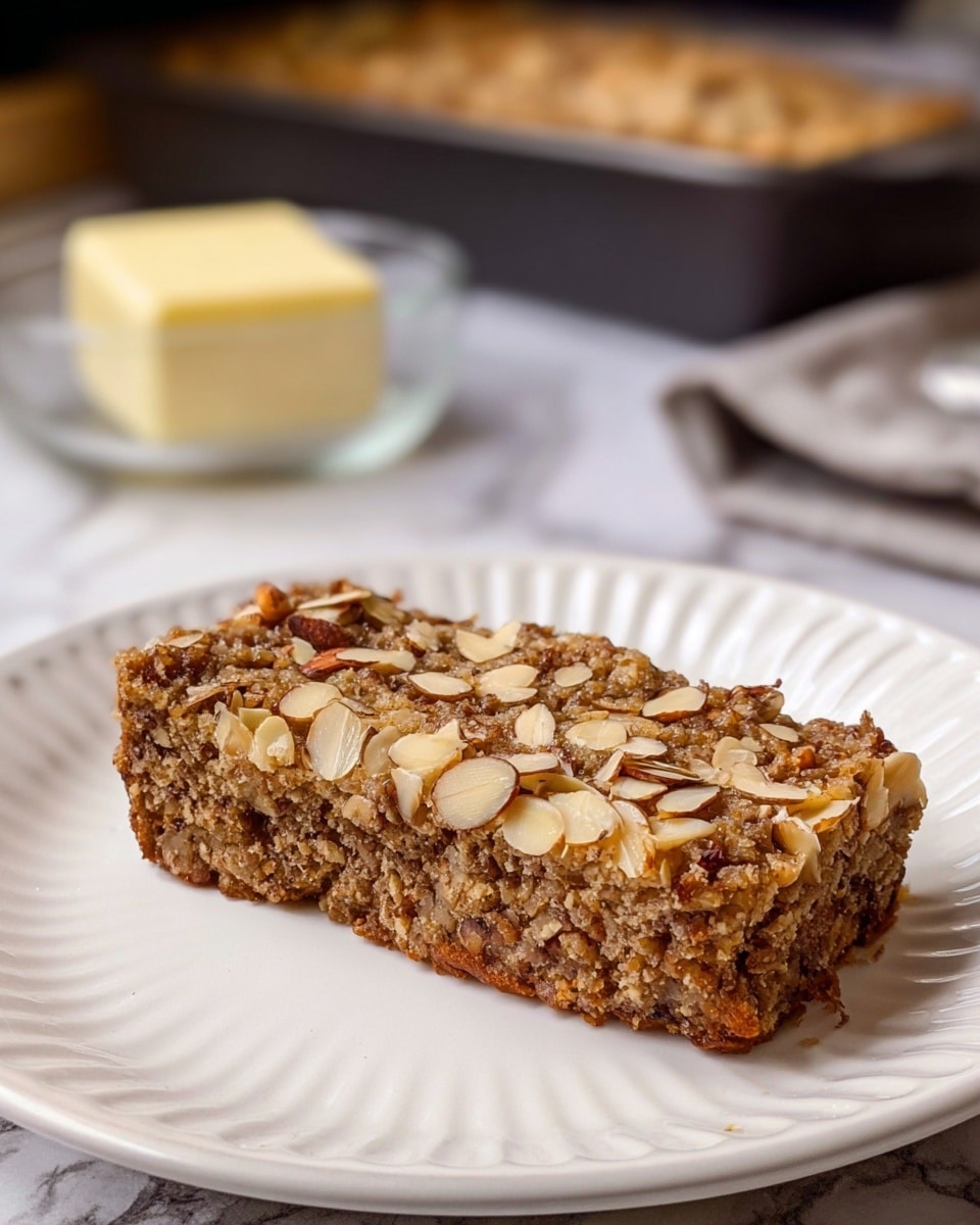 A thick, rectangular slice of a dense brown nut loaf sits on a white plate with ridged edges, showing a top layer of tightly packed, crumbly texture with darker brown spots and small bits of different ingredients. The bottom layer is made of thinly sliced light beige almonds, pressed together and slightly uneven, giving a rough edge. The plate rests on a white marbled surface, with a soft butter block on a glass dish and a dark baking pan with the rest of the loaf blurred in the background. photo taken with an iphone --ar 4:5 --v 7