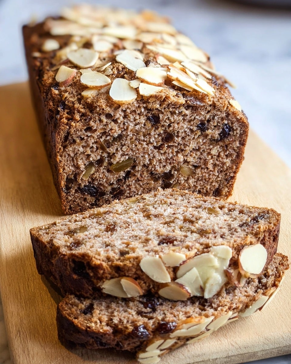 A brown rectangular loaf of bread sits on a light wooden board on a white marbled surface. The bread is topped with a layer of toasted sliced almonds, golden and slightly shiny. Three slices from the right side reveal a dense, slightly crumbly texture with small bits and a similar brown color inside. Part of a blue and white striped cloth is seen in the top left corner, and a green pear rests near the upper right edge. photo taken with an iphone --ar 4:5 --v 7