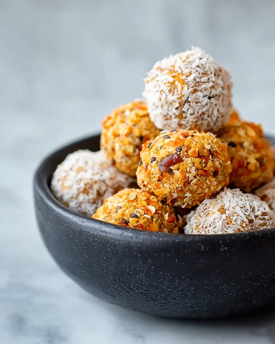 The image shows a close-up of a black bowl filled with round snack balls. There are two types of balls stacked in a small pile: one set is coated with white shredded coconut giving a rough texture, and the other set has a mix of orange, yellow, and brown bits giving a crunchy look. The bowl sits on a white marbled surface with a soft, light background. photo taken with an iphone --ar 4:5 --v 7