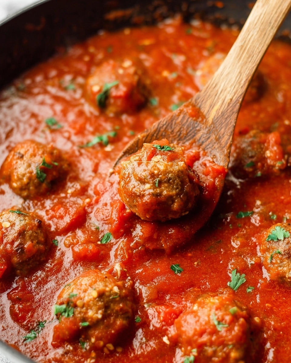 The image shows a close-up of a pan filled with a rich red tomato sauce with chunks of tomatoes and herbs mixed in. Floating in the sauce are several round meatballs with a slightly browned surface, coated evenly with the sauce. Small green herb pieces are scattered on top, adding a touch of color contrast. A wooden spoon is lifting one meatball, covered in sauce, from the pan. The texture of the sauce looks smooth but chunky from the tomato pieces, and the meatballs appear tender and juicy. The background is a white marbled texture photo taken with an iphone --ar 4:5 --v 7
