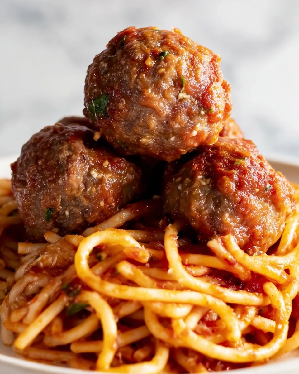 The image shows three large, brown meatballs stacked closely on top of a bed of spaghetti noodles that are coated in a red tomato sauce, with a few visible herbs and bits of seasoning in the meatballs. The meatballs have a slightly shiny and textured surface, and the noodles below are thick and twisted, with sauce clinging to them. The dish is placed on a plain white plate sitting on a white marbled surface. Photo taken with an iphone --ar 4:5 --v 7