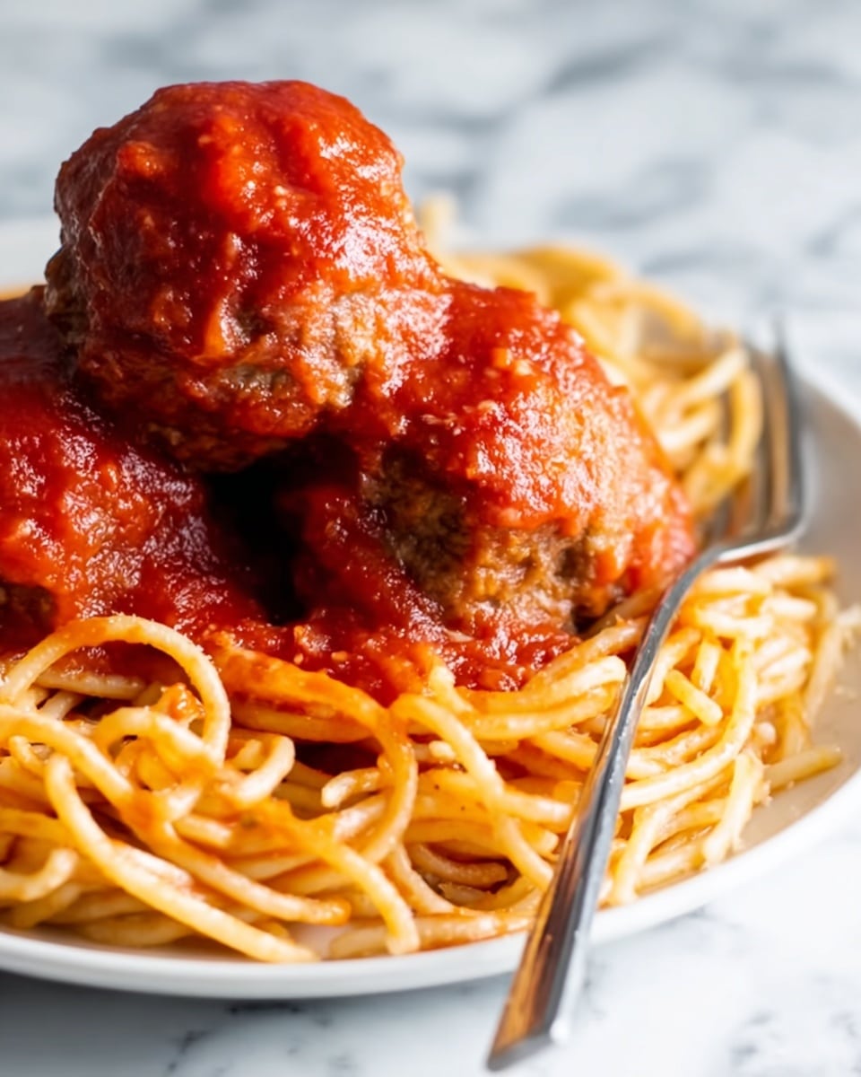 The image shows a close-up of a white plate with two large meatballs covered in bright red tomato sauce on top of a bed of spaghetti noodles. The spaghetti is golden and slightly shiny, twisted and layered below the meatballs. The tomato sauce looks thick and rich, covering the top and some sides of the meatballs. A silver fork rests in the spaghetti at the bottom right corner of the plate. The background has a white marbled texture, giving a clean and bright look. Photo taken with an iphone --ar 4:5 --v 7