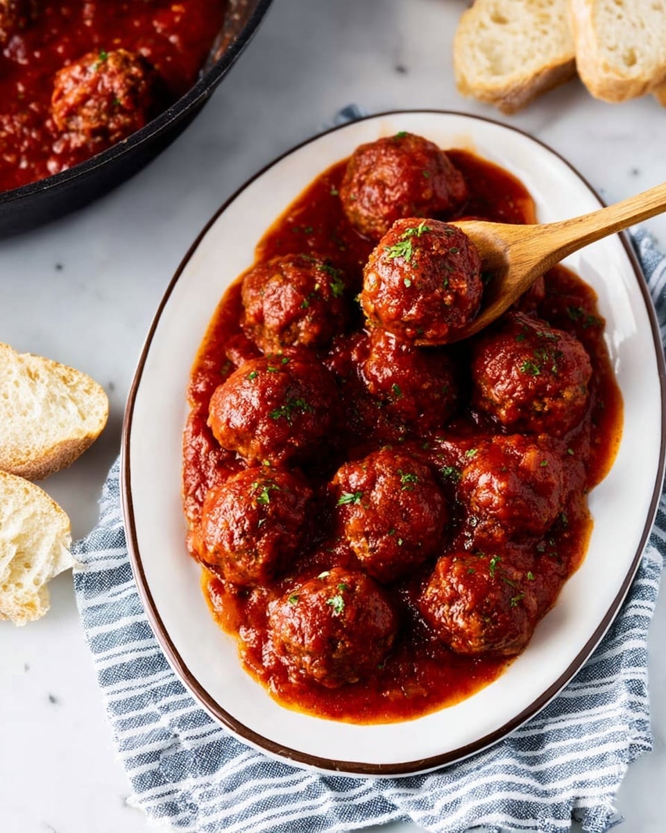 The image shows around twelve round meatballs covered in a thick, rich, red tomato sauce placed on an oval white plate with a thin dark rim. One meatball is lifted by a wooden spoon resting on the plate at the top left. The sauce is smooth and glossy, with small green herb specks sprinkled over the meatballs. The plate sits on a white marbled surface with a blue and white striped cloth partially visible under the lower left side of the plate. To the left, there is a black pan with more meatballs in sauce, and pieces of light brown bread are scattered nearby. Photo taken with an iphone --ar 4:5 --v 7