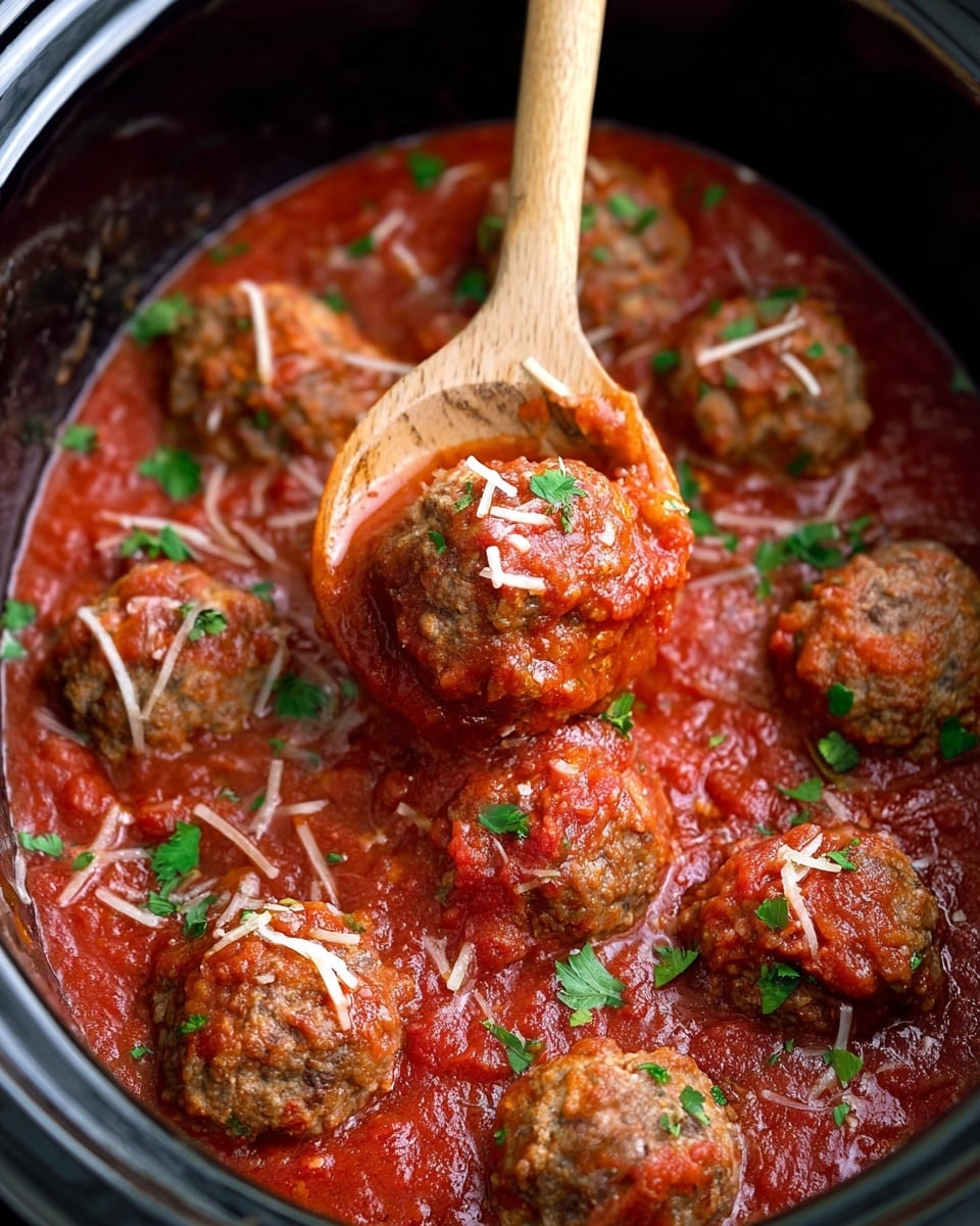 The image shows a close-up of a black slow cooker filled with about ten round meatballs in thick red tomato sauce. The meatballs are medium brown with a rough texture and are partly covered in the chunky tomato sauce. Small bits of white shredded cheese and green chopped herbs are scattered on top of the meatballs and sauce. A wooden spoon is lifting one meatball from the sauce, showing the sauce dripping slightly from it. The inside of the cooker is shiny black, and the background is a white marbled texture photo taken with an iphone --ar 4:5 --v 7