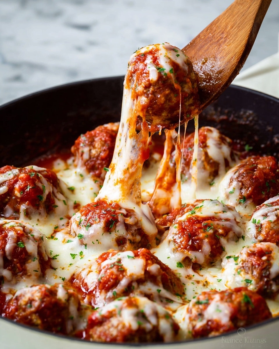 In this image, there are many round meatballs covered in bright red tomato sauce, each topped with melted white cheese that stretches in strings as one meatball is lifted by a wooden spoon. The meatballs have a rough texture and are sprinkled with small green herb pieces. The dish is in a white pan or bowl, and the background shows a clean white marbled surface. photo taken with an iphone --ar 4:5 --v 7