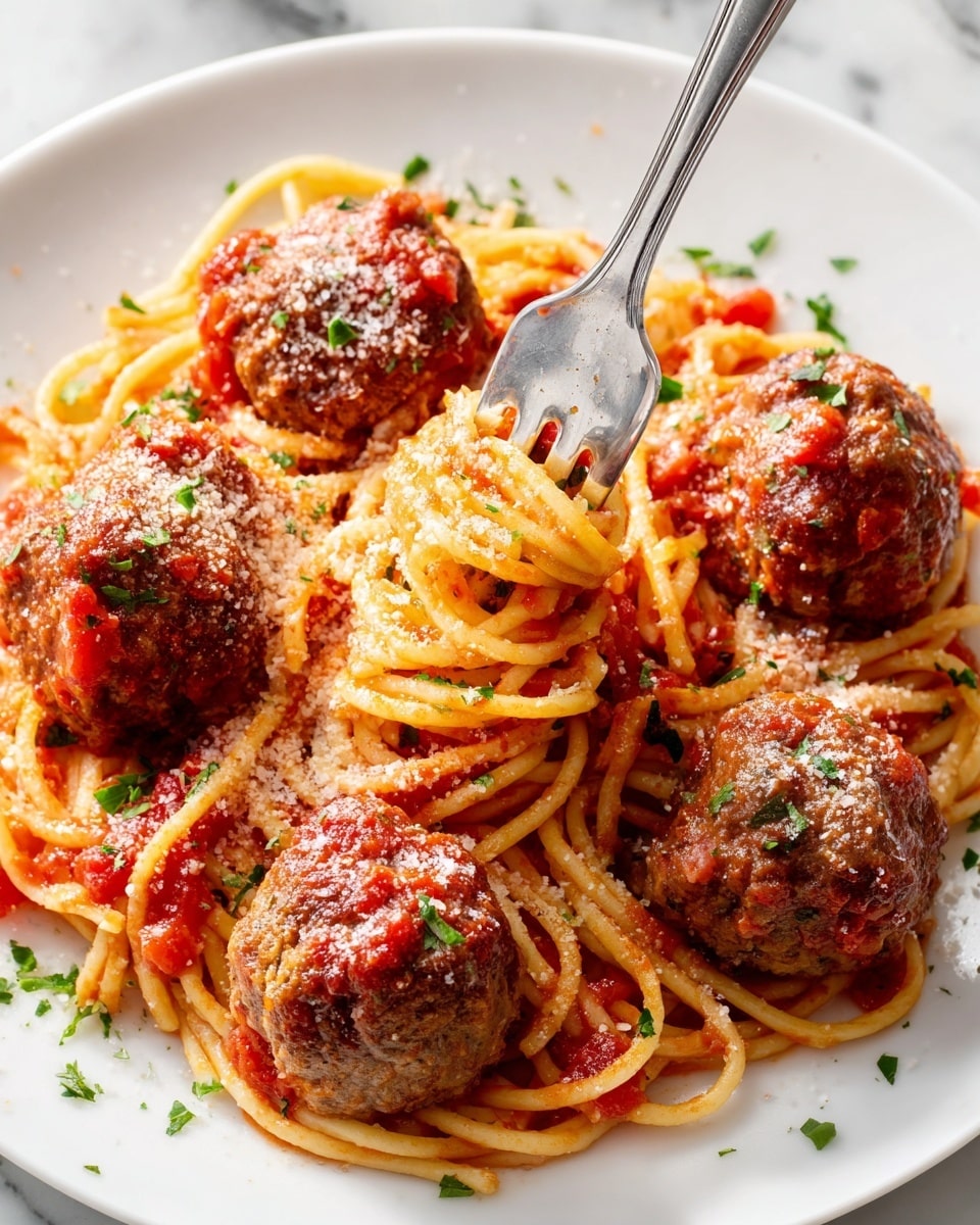 A white plate holds a serving of spaghetti and meatballs. There are five meatballs arranged around the plate, each brown with a rough texture and topped with bits of red tomato sauce and white grated cheese. The spaghetti noodles are cooked, coated in red tomato sauce with some visible tomato chunks, and have a slightly shiny look. A silver fork is twirling some of the noodles in the center of the plate. Small green garnish pieces are sprinkled lightly on the spaghetti and around the plate edge. The dish is set on a white marbled surface. photo taken with an iphone --ar 4:5 --v 7