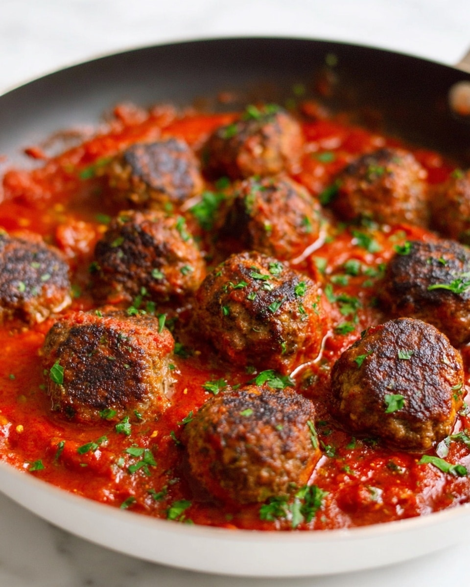 The image shows a white pan filled with around twelve meatballs sitting in a thick red tomato sauce. Each meatball is browned on top with a crispy texture and has a rough, meaty surface. The sauce is smooth and chunky, coating the bottom of the pan and parts of the meatballs. Small bits of green herbs are sprinkled over the meatballs and sauce, adding color and freshness. There is also a light dusting of grated cheese on top. The background is a white marbled surface. photo taken with an iphone --ar 4:5 --v 7