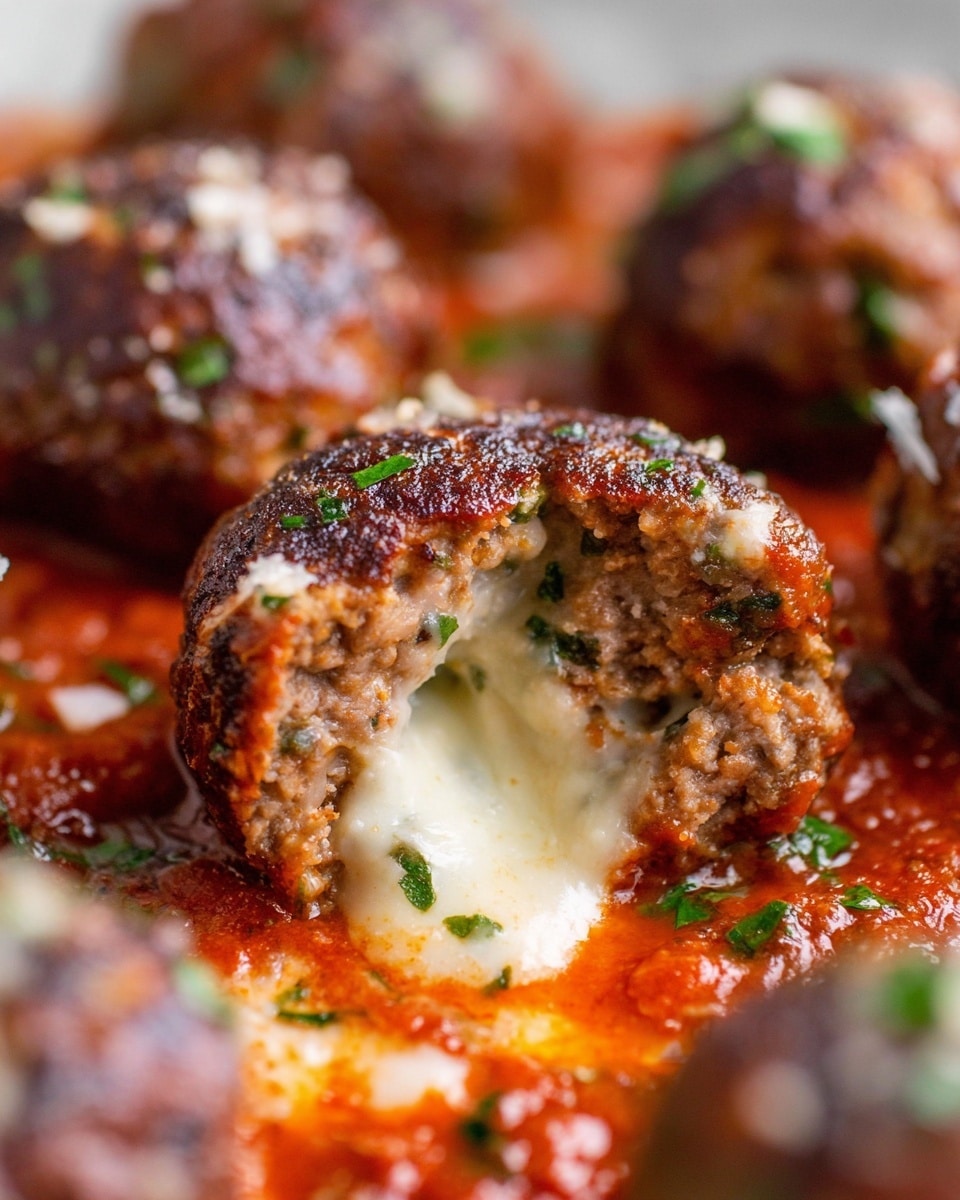 The image shows several round meatballs with a browned, slightly crispy outer layer speckled with green herbs. One meatball is open in the front, revealing a smooth, creamy white cheese filling inside. The meatballs rest on a thick, rich red tomato sauce, which has a slightly chunky texture. Small bits of chopped parsley are sprinkled over the meatballs and sauce, adding green accents. The close-up shot highlights the juicy texture and colors of the dish with a white marbled texture in the background. Photo taken with an iphone --ar 4:5 --v 7