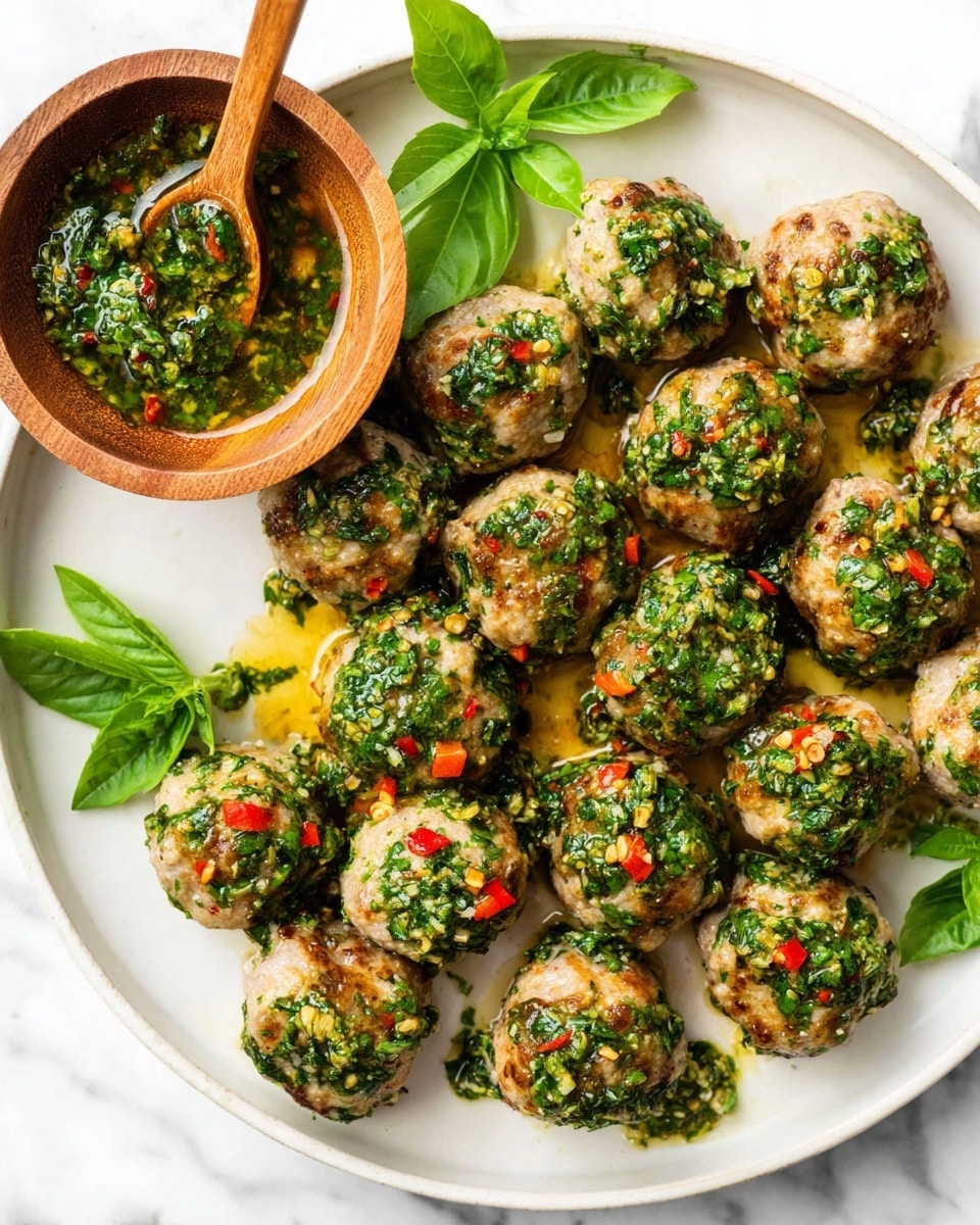 A white plate filled with about twenty round meatballs, each topped with a bright green herb sauce mixed with small bits of red chili and garlic, giving a fresh and colorful look. The meatballs are lightly browned and have a slightly crispy texture. To the top left corner of the plate, there is a small wooden bowl filled with the same green sauce, with a wooden spoon resting inside it. Some fresh basil leaves are placed near the top edge of the plate as decoration, all set on a white marbled surface. Photo taken with an iphone --ar 4:5 --v 7