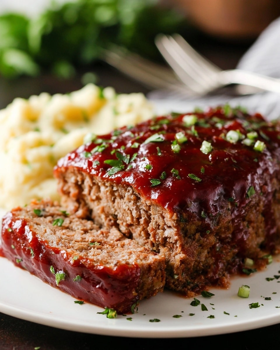 A close-up view of a thick meatloaf with a rich brown texture covered in a glossy dark red sauce, topped with small green herb pieces. The meatloaf is sliced, showing its dense, moist inside. It rests on a white plate with a small mound of pale yellow mashed side and scattered green herbs around the plate edges. The dish is set on a white marbled surface with a blurred background featuring a fork and more green herbs. Photo taken with an iphone --ar 4:5 --v 7