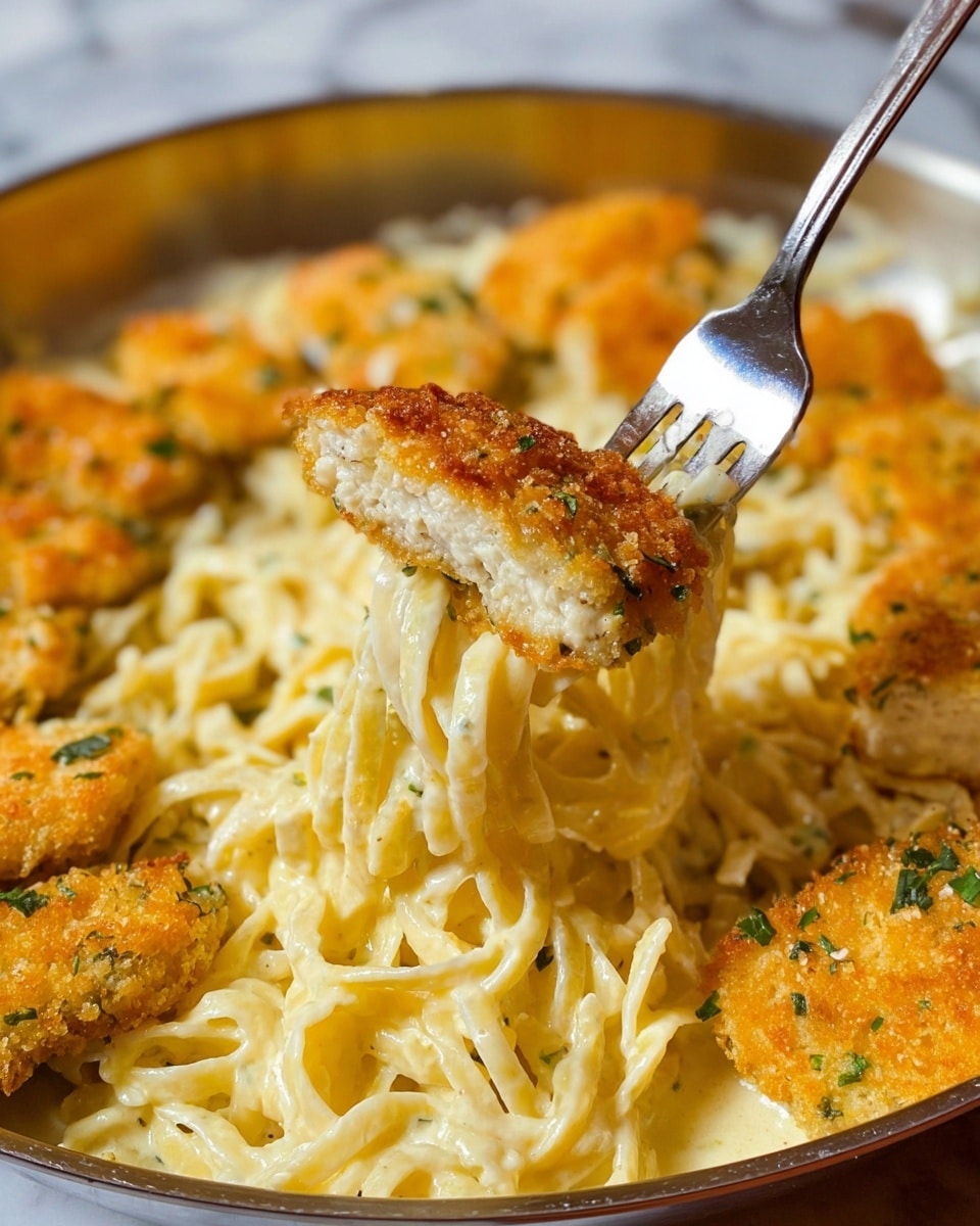 The image shows a close-up of creamy pasta mixed with crispy breaded pieces. The pasta is a pale yellow color, smooth and coated evenly with a thick creamy sauce that looks rich and soft. It wraps around a fork along with a crispy, golden-brown breaded piece with green herb flecks, showing a slightly crunchy texture on the outside and a white inside. In the background, more golden breaded pieces lay over the creamy pasta, all placed inside a large silver pan that rests on a white marbled surface. A woman's hand is holding the fork lifting the creamy pasta and breaded piece. photo taken with an iphone --ar 4:5 --v 7
