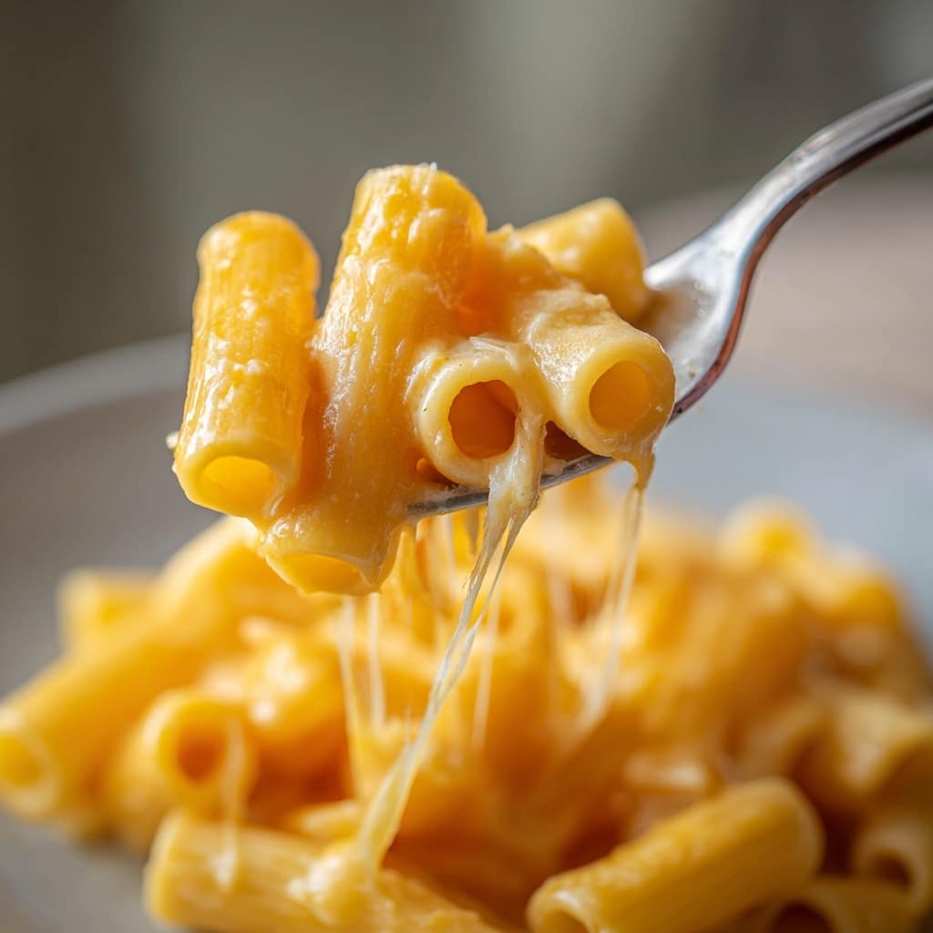A close-up view of creamy macaroni and cheese served in a small white bowl with a smooth texture of melted yellow cheese covering short macaroni pasta. The bowl is placed on a larger white plate, both set on a wooden surface with a blue and white cloth beside it. A silver fork with some macaroni is resting inside the bowl on the right side. The rich cheese sauce looks shiny and thick, fully coating each pasta piece. Photo taken with an iphone --ar 4:5 --v 7