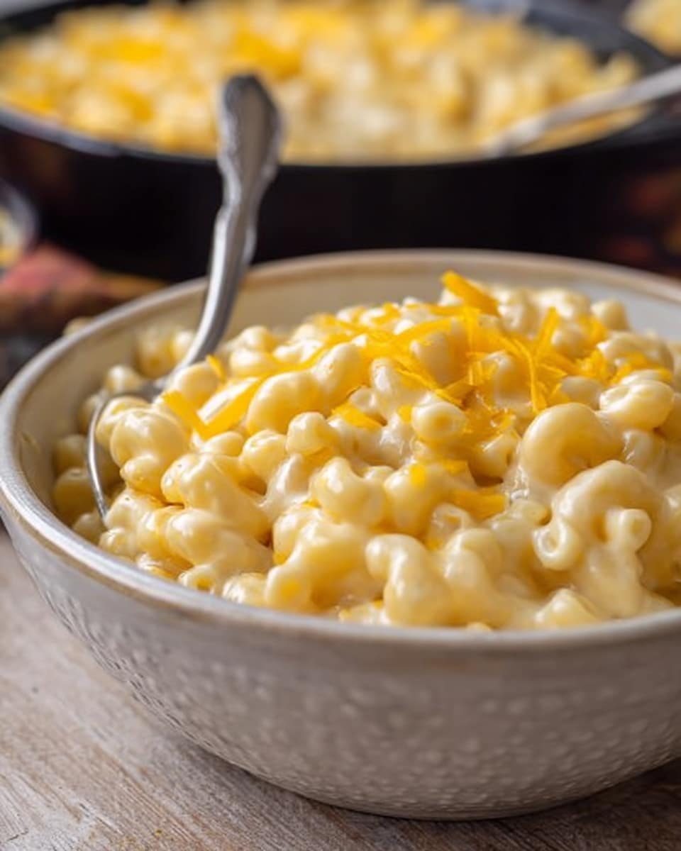A close-up image shows a bowl filled with creamy macaroni and cheese. The bowl is white and round with a textured look. The macaroni pasta is small and curved, covered in smooth, shiny cheese sauce that looks soft and thick. There are small pieces of shredded yellow cheese lightly scattered on top. A spoon with a shiny metallic surface is placed inside the bowl on the left side. The background shows a black skillet with more macaroni and cheese that looks slightly blurred. The surface under the bowl is wood-textured but should be imagined as white marbled. The image focuses closely on the bowl, making the food look warm and inviting. Photo taken with an iphone --ar 4:5 --v 7