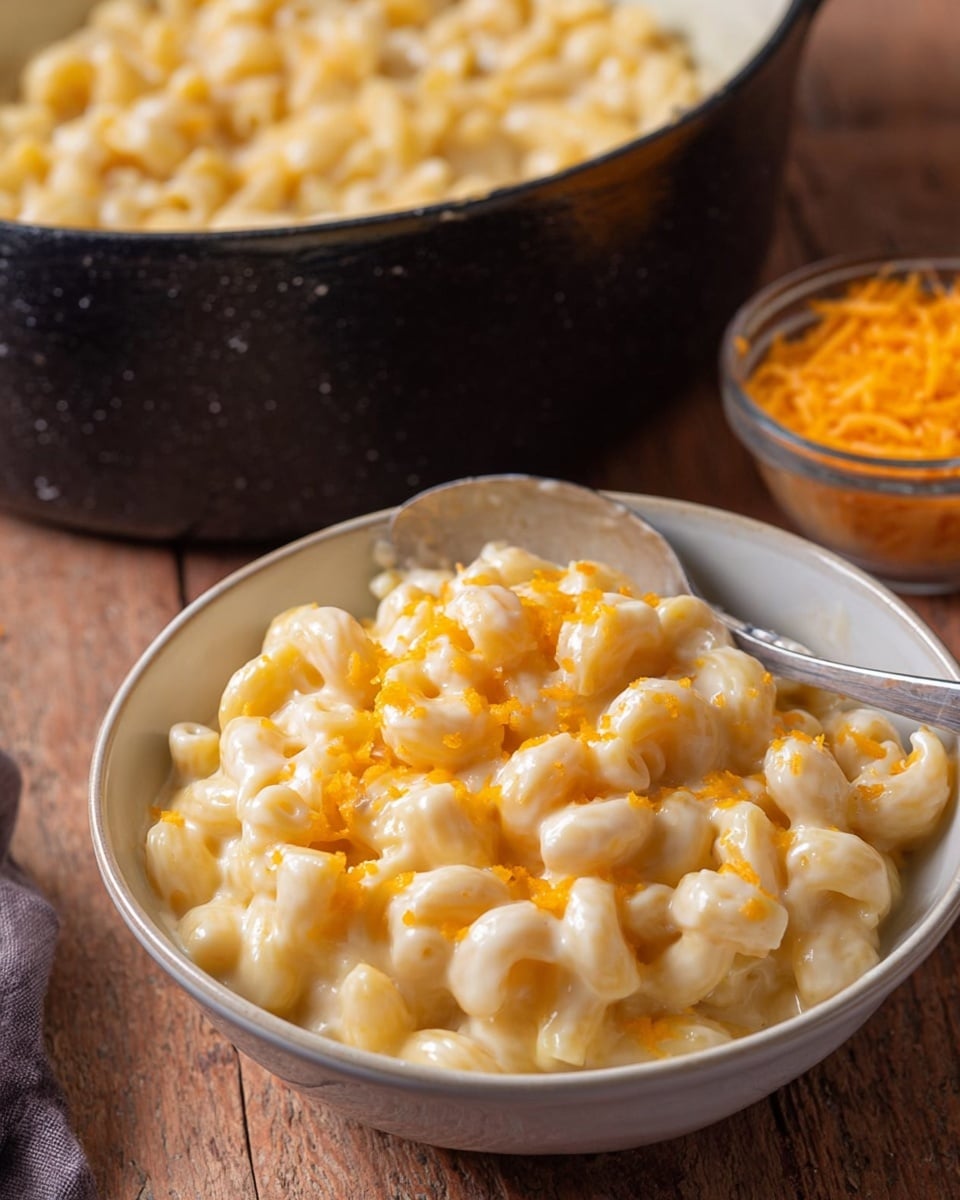 A close-up of a pan filled with creamy macaroni and cheese, showing elbow-shaped pasta coated in a smooth, pale yellow cheese sauce with a shiny, slightly thick texture. A metal spoon lifts some macaroni from the pan, displaying the sauce dripping slightly. In the background, there is a white bowl and a small clear glass bowl with shredded orange cheese on a white marbled surface. The pan is dark with white speckles on the inside. Photo taken with an iphone --ar 4:5 --v 7