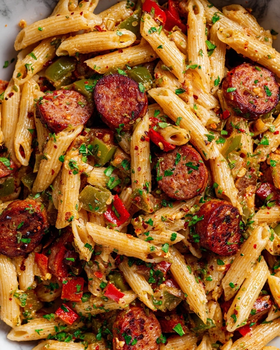 The image shows a close-up of a pasta dish featuring cooked penne mixed with slices of browned sausage. The penne is light golden with a slight shine and has a slightly textured surface. The sausage pieces are reddish-brown with a crispy, seared look. Scattered throughout are small bits of diced red and green bell peppers, adding specks of bright color. The dish is sprinkled generously with finely chopped fresh green parsley and a bit of red chili flakes, giving it a spicy, seasoned appearance. The background is a white marbled texture. photo taken with an iphone --ar 4:5 --v 7