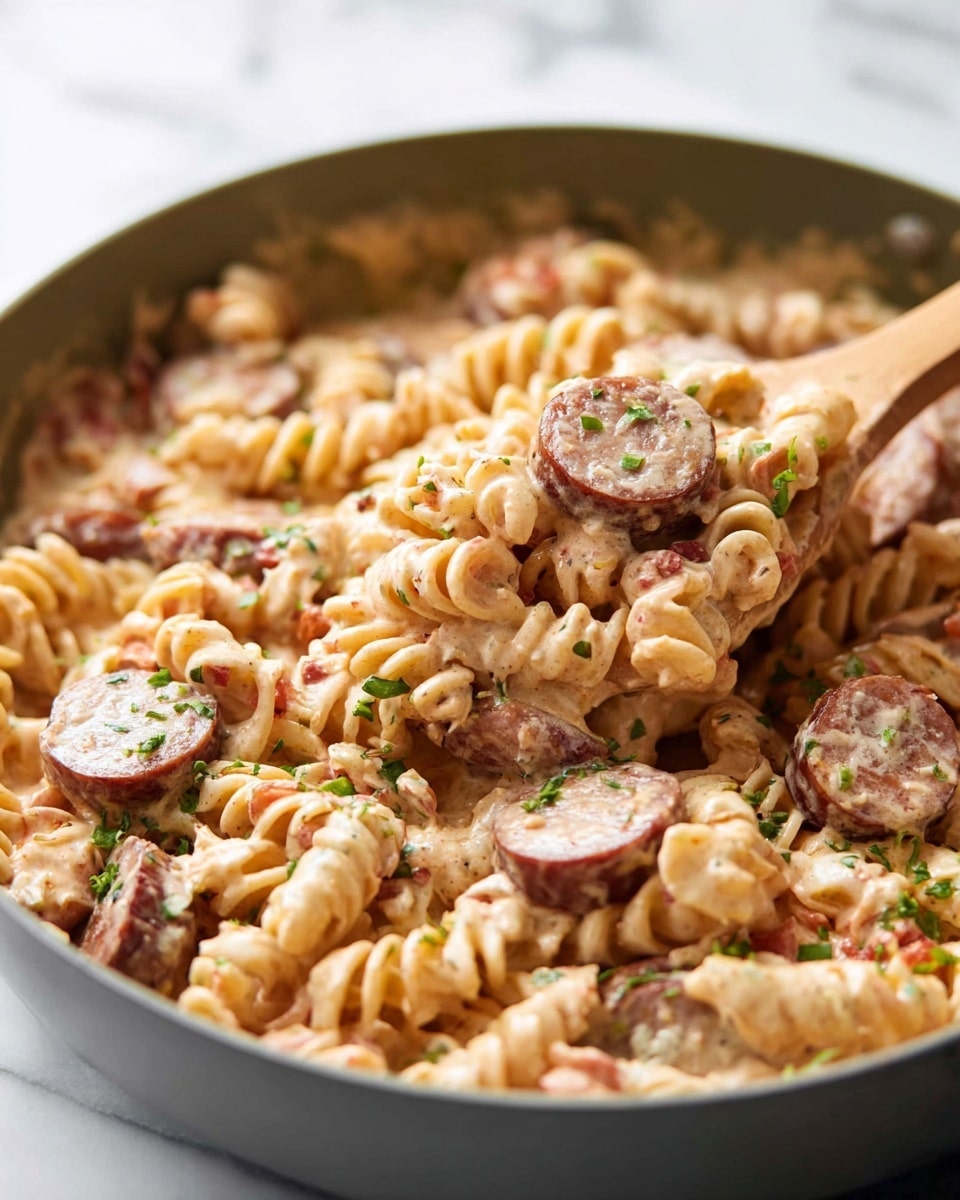 The image shows a close-up of a skillet filled with creamy pasta and sliced sausage. The pasta is spiraled and coated in a pale orange, creamy sauce with bits of green herbs sprinkled on top. The sausage slices are thick, round, and brown with a slightly crispy texture. Small pieces of red and green vegetables are mixed into the pasta. A wooden spoon lifts some of the pasta and sausage from the skillet, revealing the rich sauce and the mix of ingredients. The skillet is on a white marbled surface. Photo taken with an iphone --ar 4:5 --v 7
