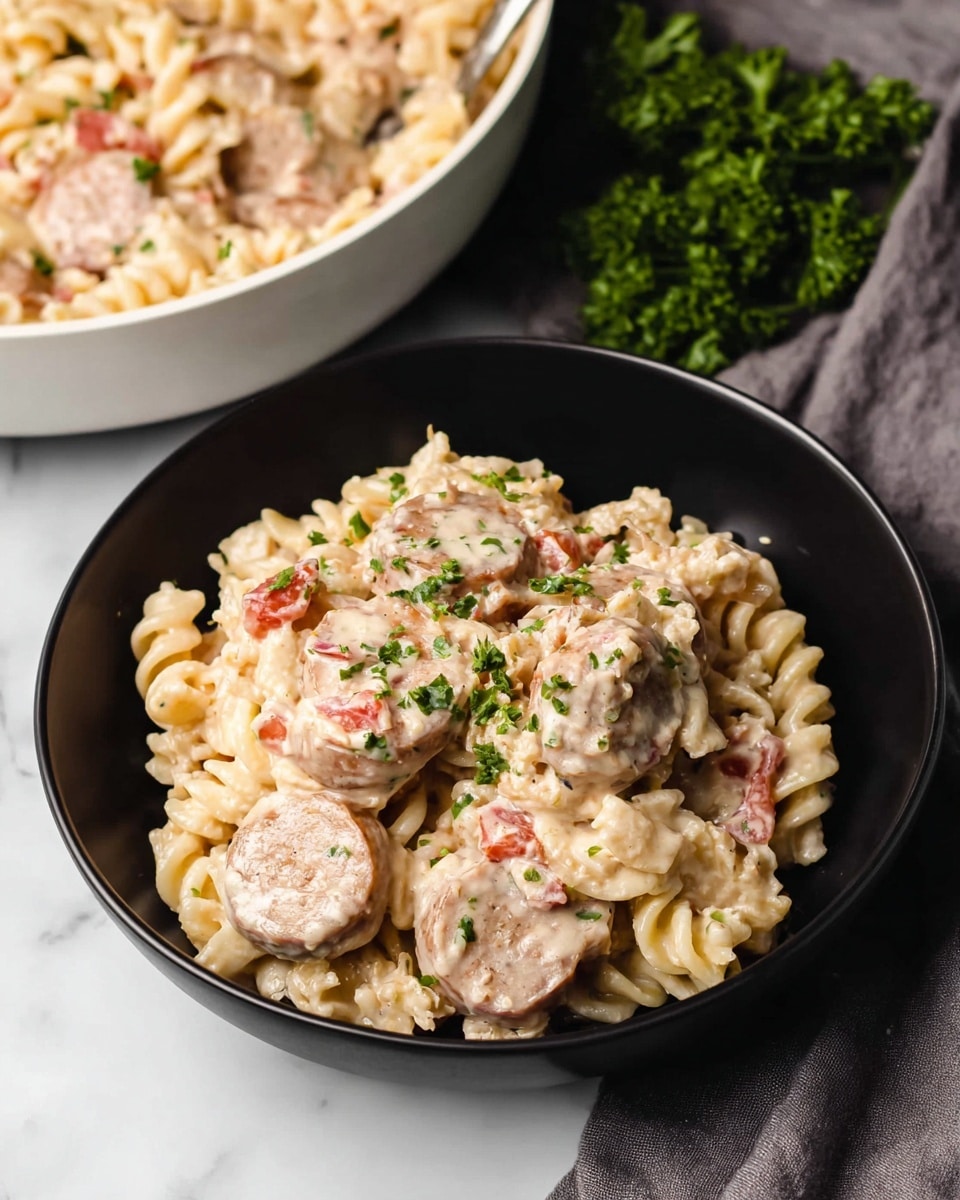 The image shows a black bowl filled with creamy pasta, with two main layers visible: the bottom layer is curly pasta in a light yellow color mixed with small pieces of red tomato, and the top layer shows round slices of sausage in a light brown color, all covered in a smooth, creamy white sauce sprinkled with chopped green herbs. The pasta dish is garnished with bright green parsley placed on the side. In the background, there is a white bowl filled with the same creamy pasta and sausage mix, positioned slightly to the right, and a grey cloth is visible on the white marbled surface. Photo taken with an iphone --ar 4:5 --v 7