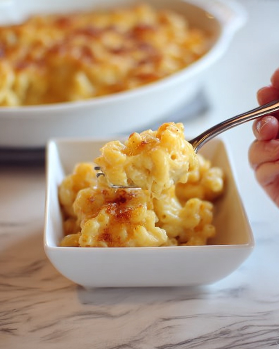 The image shows a small white square bowl filled with two scoops of creamy macaroni and cheese. The macaroni is golden yellow with a smooth, slightly shiny texture, topped with melted cheese that gives a soft, rich look. In the foreground, a fork holds a scoop of the pasta, with a woman's hand gently gripping the fork. In the background, there is a larger white round dish filled with more macaroni and cheese, all set on a white marbled surface. photo taken with an iphone --ar 4:5 --v 7