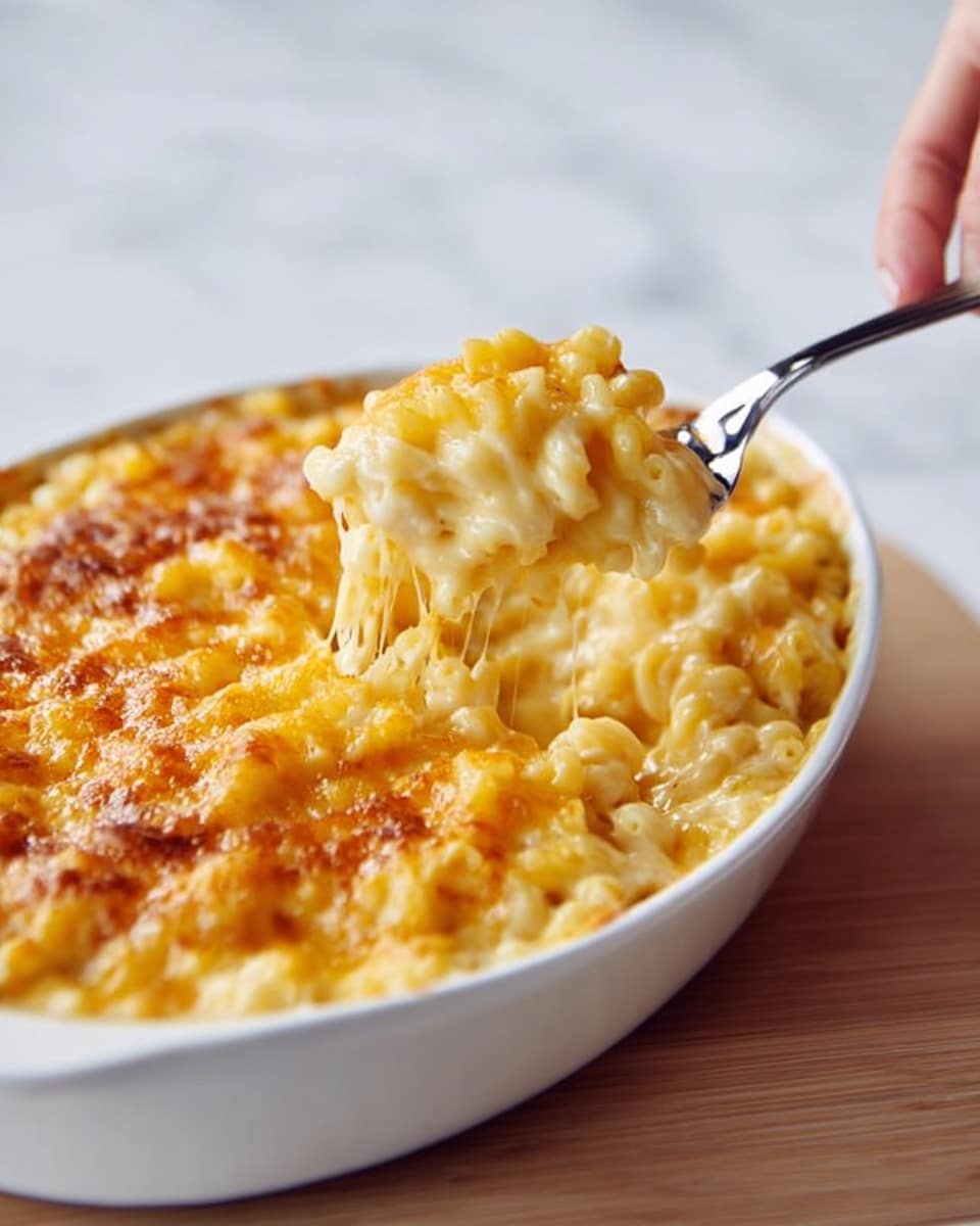 A white oval dish is filled with creamy macaroni and cheese, showing at least two layers: the base layer is tender elbow pasta covered in a smooth, pale yellow cheese sauce, and the top layer is a golden-brown melted cheese crust that looks slightly crispy. A fork held by a woman's hand is scooping a portion from the dish, pulling some of the cheesy pasta upwards. The dish is placed on a white marbled surface and the image focuses closely on the dish, highlighting the rich texture of the melted cheese and pasta. photo taken with an iphone --ar 4:5 --v 7