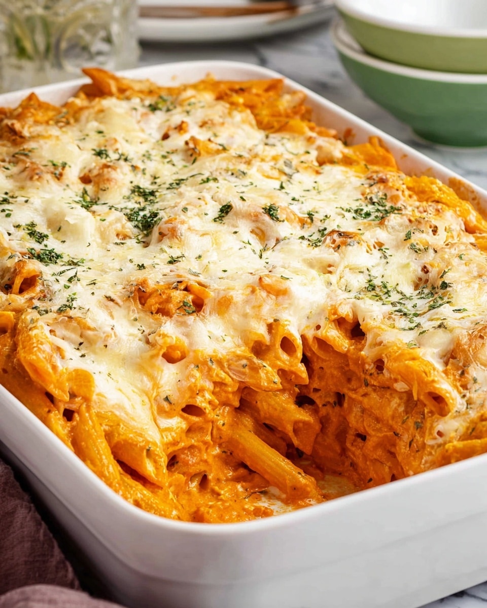 A white rectangular baking dish filled with a creamy pasta bake showing about three layers; the bottom layer is orange pasta in sauce, the middle layer has more pasta covered in a thick, creamy orange sauce mixed with herbs, and the top layer is melted white cheese sprinkled with green herbs. The pasta looks soft and well coated, and there is a scoop taken out near the center right side showing the inside layers. The dish is set on a white marbled surface with some blurred green and white bowls in the background. Photo taken with an iphone --ar 4:5 --v 7