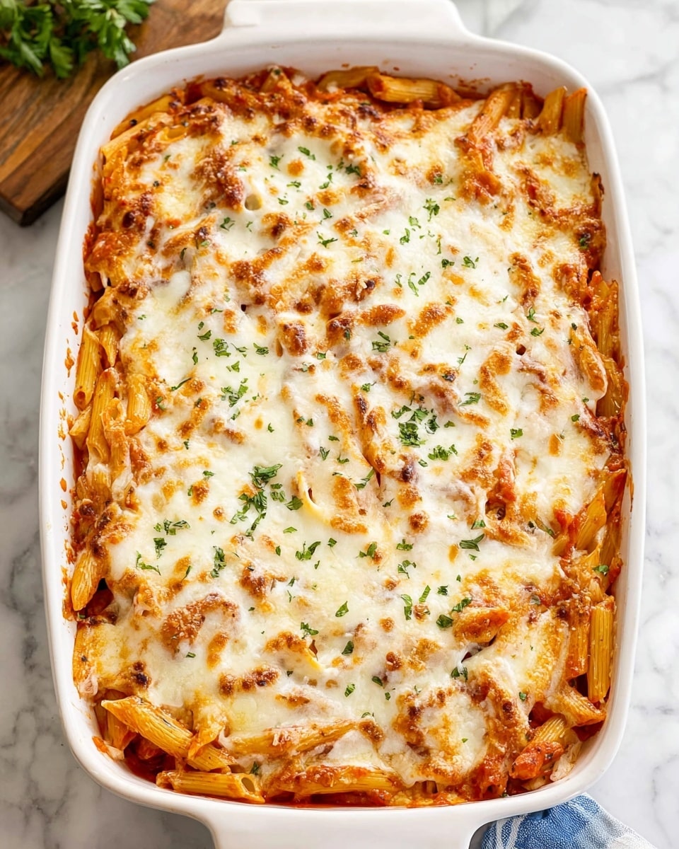 A white baking dish filled with a baked pasta dish showing one thick layer of penne pasta mixed with a rich red tomato sauce. The top layer is covered with melted white cheese that looks creamy and soft, sprinkled with small green herb bits. The cheese has an uneven texture with some golden brown spots from baking. Around the dish, there are some kitchen items, but the focus is on the pasta, which fills the dish completely. The background surface is a white marbled texture. photo taken with an iphone --ar 4:5 --v 7