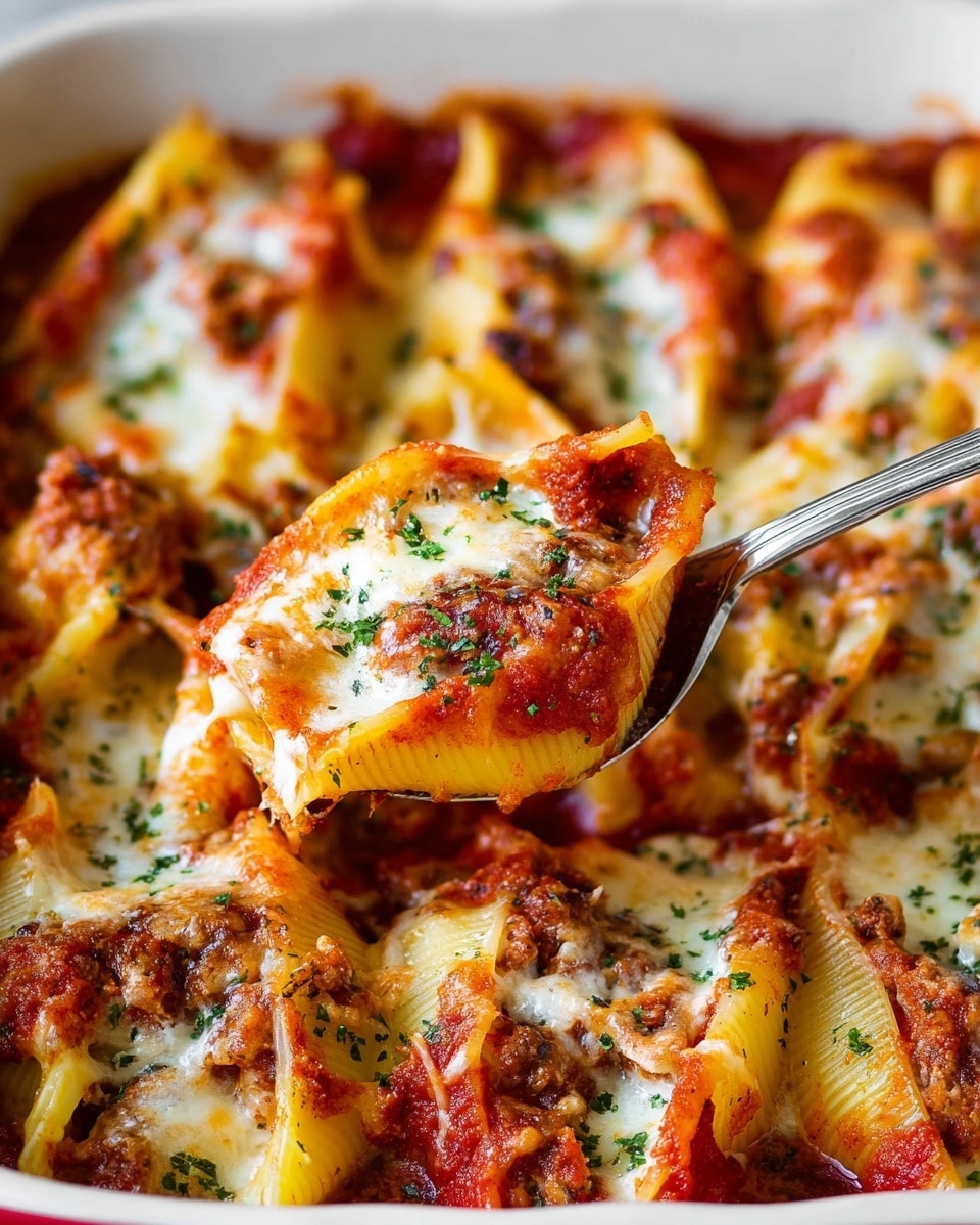 A close-up of a baking dish full of large pasta shells layered with red tomato sauce, melted white cheese that is browned in spots, and sprinkled with green herbs. Each pasta shell is stuffed and covered with sauce and cheese, creating a textured, bubbly surface with a mix of red, white, and green colors. A silver spoon is lifting one shell from the dish, showing layers of pasta, sauce, and melted cheese. The dish is placed on a white marbled surface. photo taken with an iphone --ar 4:5 --v 7