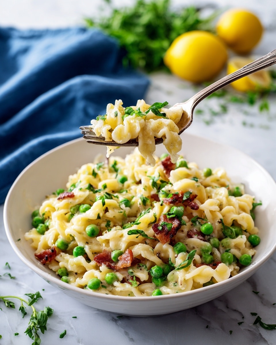A white bowl filled with short, wavy pasta mixed with bright green peas and small pieces of brown, cooked bacon. The pasta looks creamy and soft, while fresh green herbs are sprinkled evenly on top. Two ornate silver forks are placed standing inside the bowl. The bowl sits on a white marbled surface with some green herbs scattered around and two yellow lemons near the top right. A blue cloth is slightly visible to the left side. Photo taken with an iphone --ar 4:5 --v 7