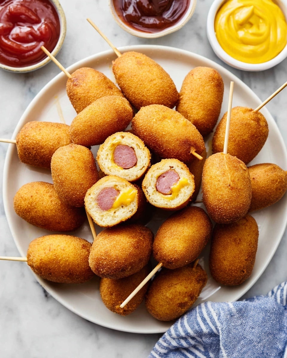 A white plate holds about 15 golden brown mini corn dogs, each with a small wooden stick poking out. In the center, two corn dogs are cut open, showing three layers: a crispy golden outer coating, a light beige soft dough layer beneath, and a dark pink sausage center with a small bit of melted yellow cheese inside. Around the plate, there are small bowls of bright yellow mustard and dark red ketchup, all set on a white marbled surface with a blue-striped cloth partially visible. photo taken with an iphone --ar 4:5 --v 7