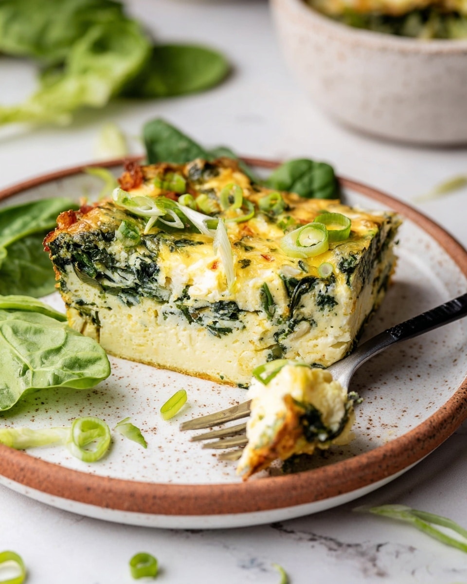 A slice of spinach and cheese egg bake sits on a white plate with a brown speckled rim, placed on a white marbled surface. The dish has two visible layers: the bottom layer is pale yellow, soft, and fluffy, while the top layer has lots of cooked dark green spinach mixed with melted light yellow cheese, creating a textured, slightly browned crust. Thinly sliced green onions are sprinkled on top and around the plate, with fresh leafy greens placed beside the egg bake. A fork with a black handle rests on the plate, holding a small chunk of the dish. Photo taken with an iphone --ar 4:5 --v 7
