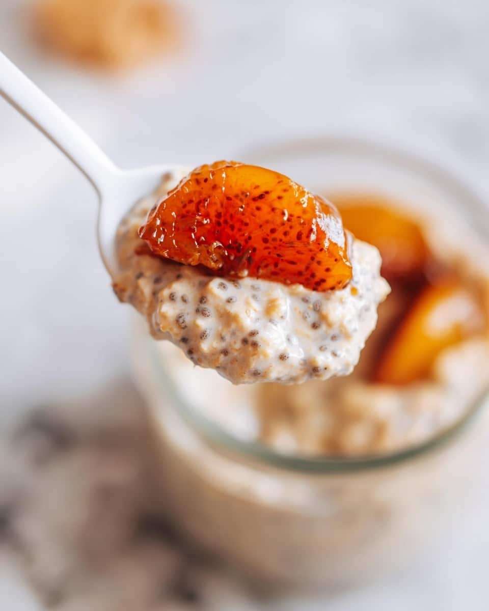 A close-up of a white spoon holding a creamy oatmeal mixture speckled with chia seeds, topped with a bright orange, shiny, and slightly speckled caramelized fruit piece. Below the spoon is a clear glass container filled with the same oatmeal and caramelized fruit, resting on a white marbled surface. The background is soft and blurred, highlighting the textures of the oatmeal and the glossy fruit. photo taken with an iphone --ar 4:5 --v 7