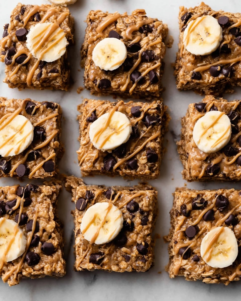 The image shows 15 square oatmeal bars arranged closely on a white marbled surface. Each bar is packed with dark chocolate chips mixed into the light brown oatmeal base, giving a rough texture. Some bars have light brown peanut butter drizzled over the top in thin, uneven lines, while others are plain. Three bars have a single slice of banana placed on top, showing a pale yellow color and soft texture. The bars are evenly cut into similar sizes=