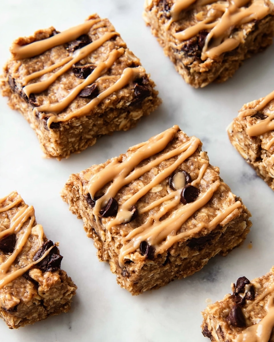 The image shows several square dessert bars placed on a white marbled surface. Each bar has two visible layers: a dense, textured base with a light brown color featuring visible chunks of oats and dark pieces resembling chocolate chips, and a drizzled topping layer of light tan sauce spread unevenly over the top. The bars have slightly rough edges and a chewy appearance, with the sauce adding a smooth contrast as it flows in irregular lines across the surface of each piece. Photo taken with an iphone --ar 4:5 --v 7